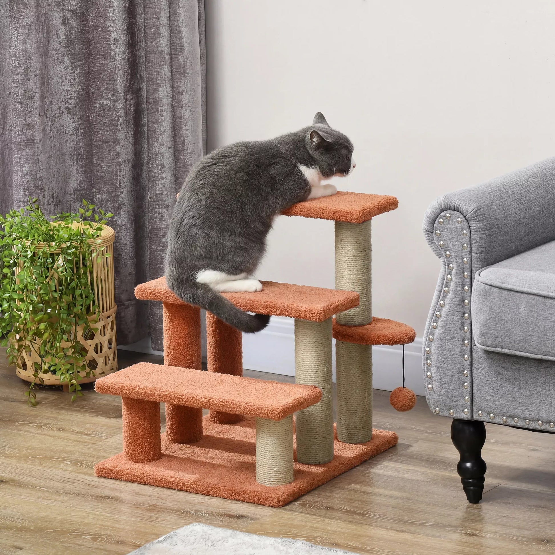 Kratzbaum, naminių gyvūnėlių laiptai, 3 pakopos, žaislinis kamuolys, iki 5 kg, 45x40x48 cm, rudi