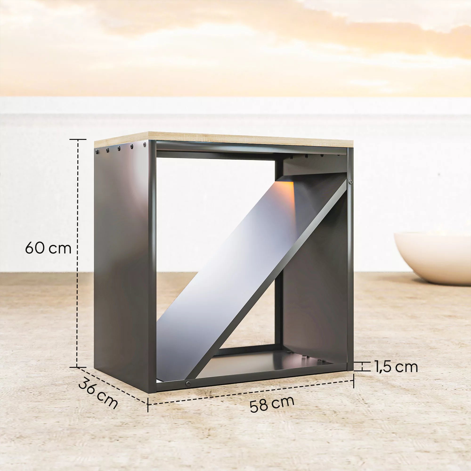 2-in-1 vidinė malkinė 58 x 36 x 60cm paaukštintas malkų stovas su pertvara Metalinis Juodas