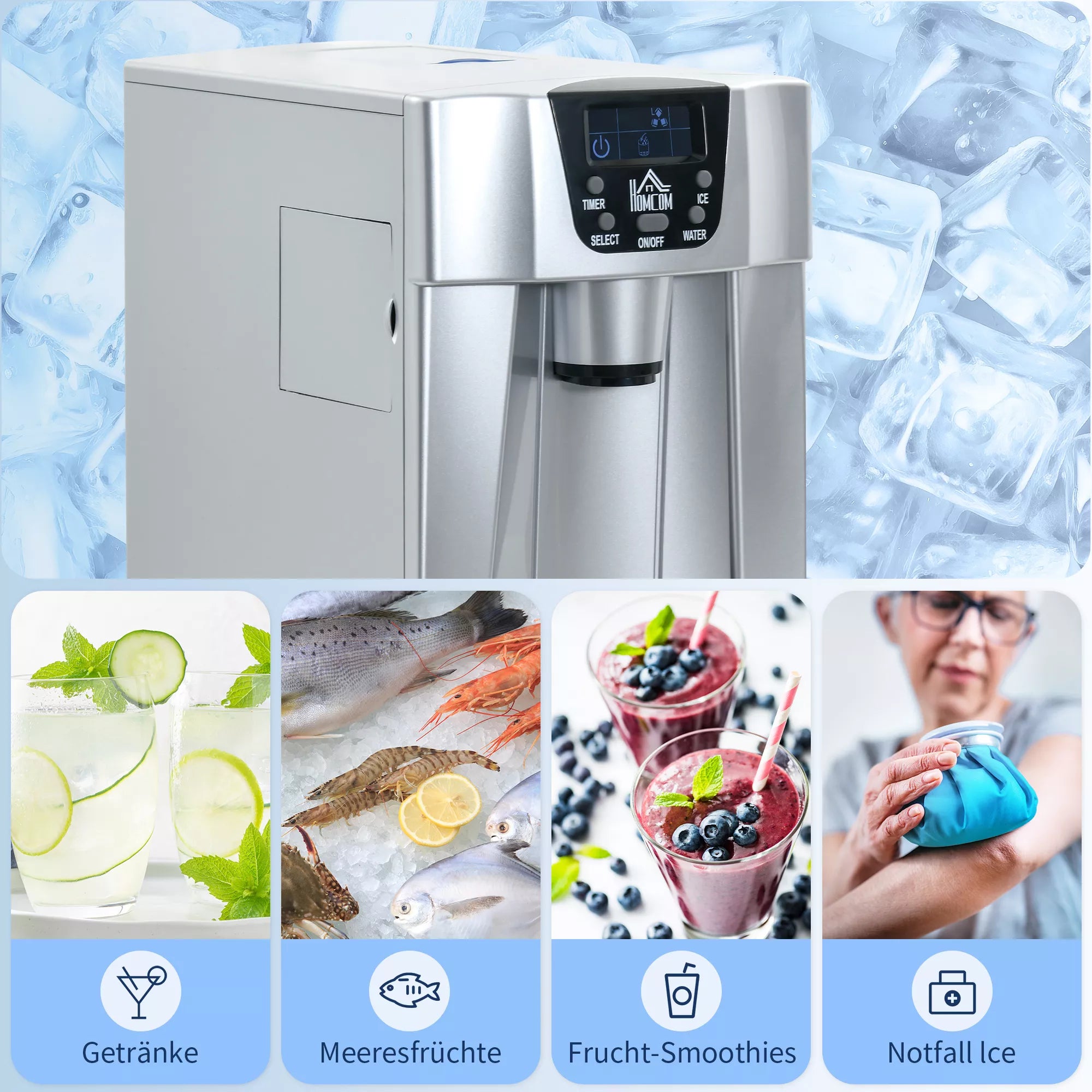 Gaminimo aparatas ledo kubeliams Ice-Maker, laikmačio funkcija, 1,2 L vandens bakas, sidabrinis