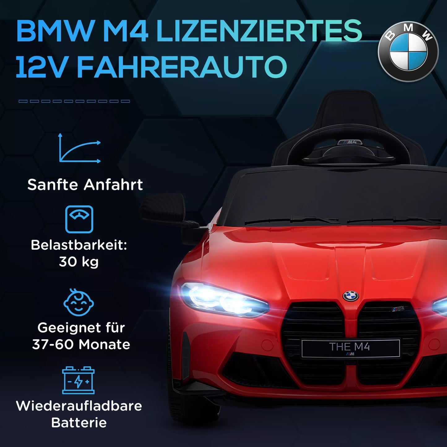 Elektrinis vaikiškas automobilis BMW M4, su garsu ir šviesa, 3-5 km/h, su nuotolinio valdymo pultu, 3-5 metų vaikams, raudonas