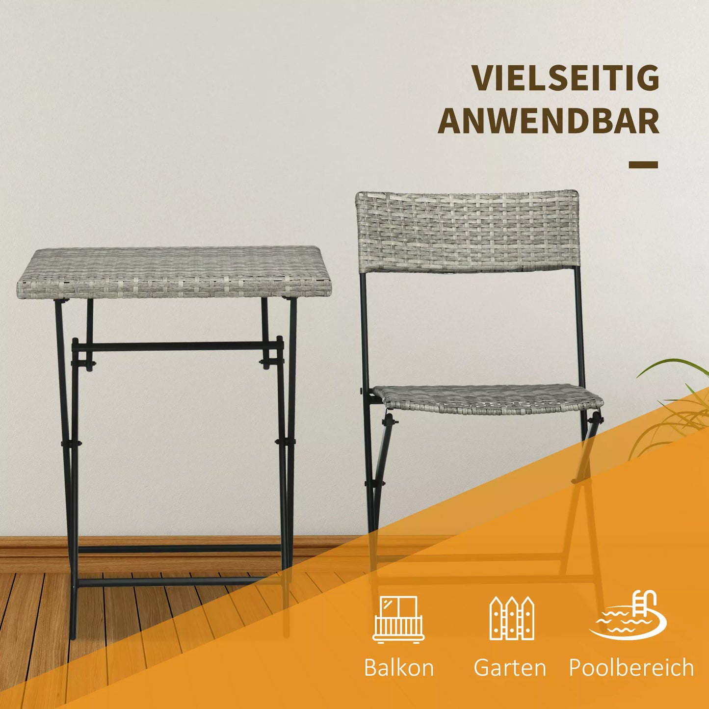 Outsunny 3 dalių sodo baldų komplektas, 2 sulankstomos kėdės, 1 sulankstomas stalas, rotango imitacija, metalinis rėmas, šviesiai pilkas