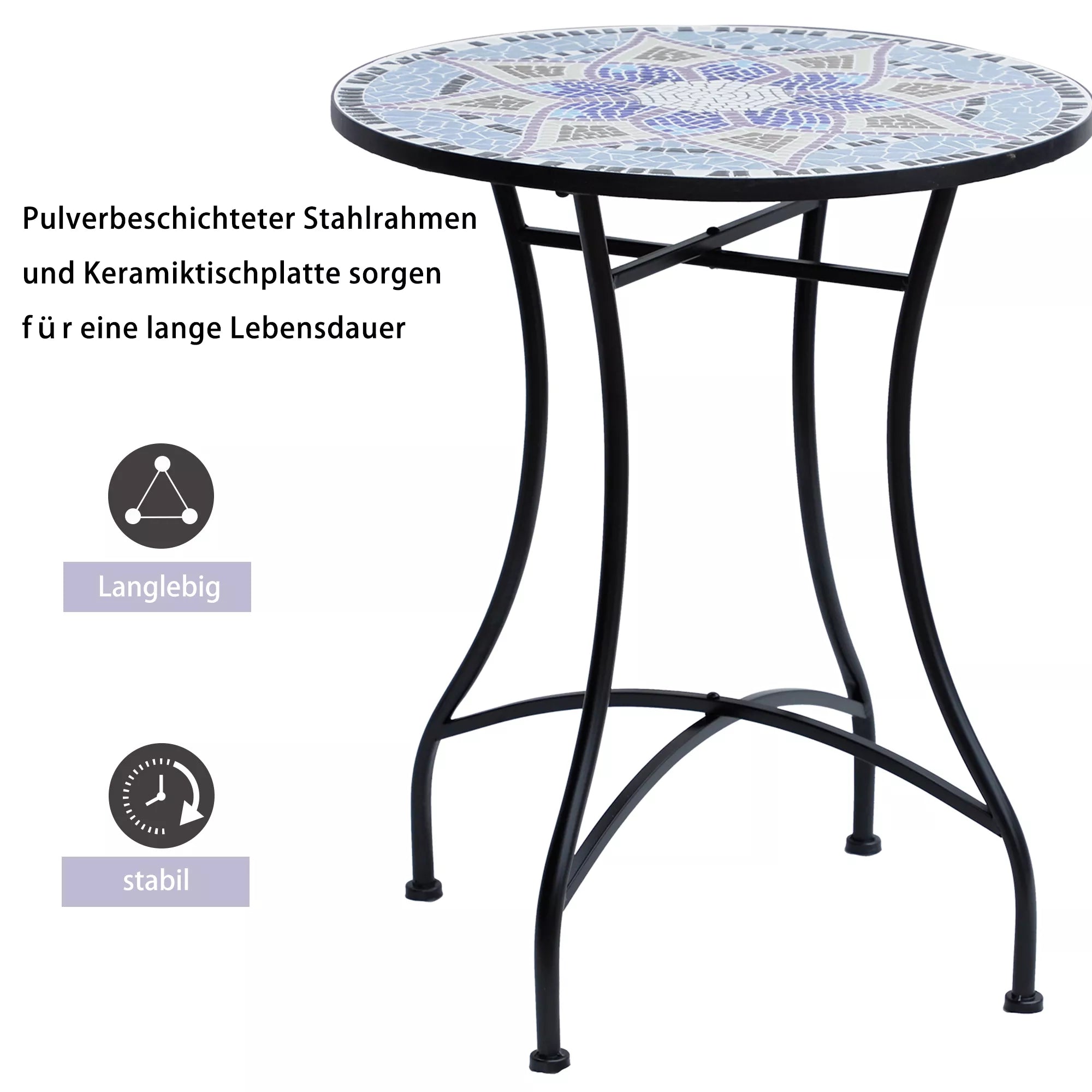 Sodo stalas Ø60 x H71cm, atsparus oro sąlygoms balkono stalas pagamintas iš metalo, lauko valgomojo stalas, kempingo staliukas, apvalus terasos stalas sodui, terasai, balkonui Mėlynas+Baltas