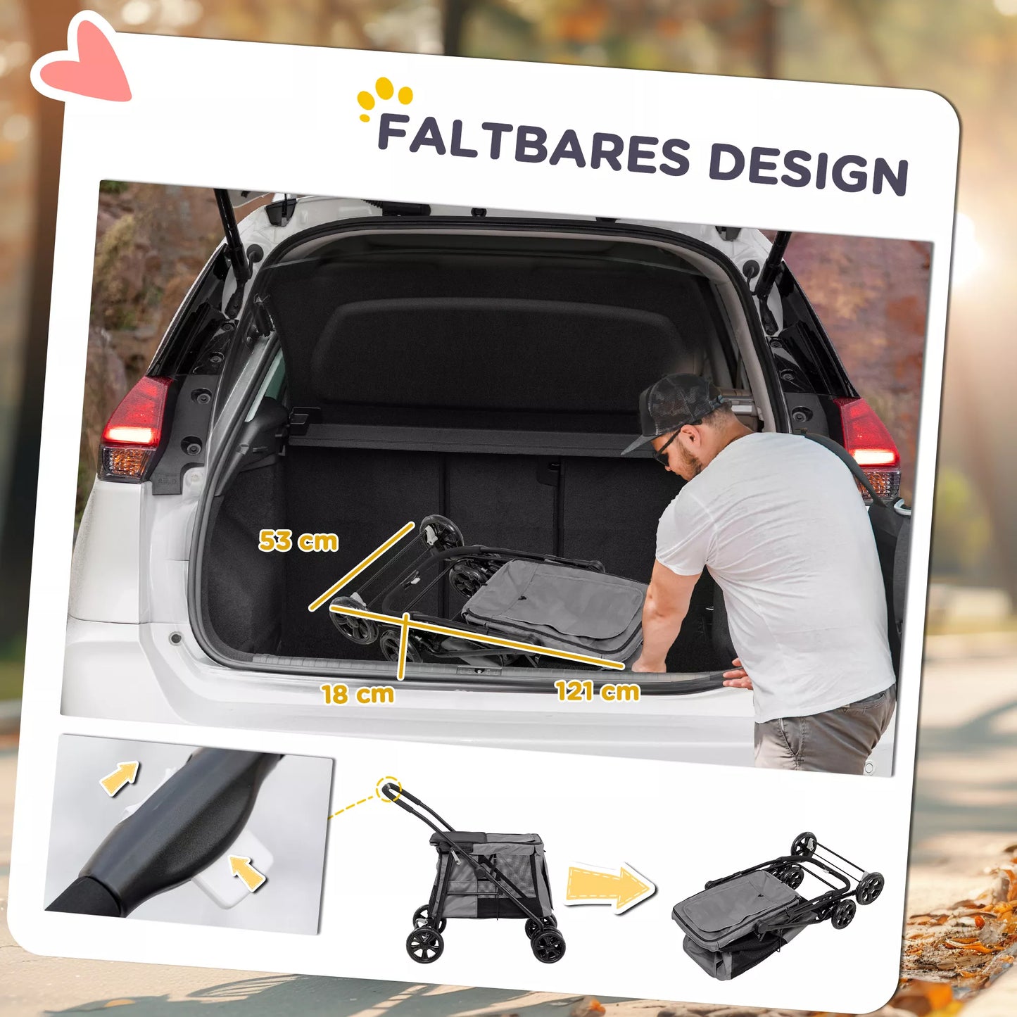 Šunų vežimėlis, sulankstomas, iki 20 kg, 3 šoninės kišenės, 102 cm x 62 cm x 105 cm, pilkos spalvos.