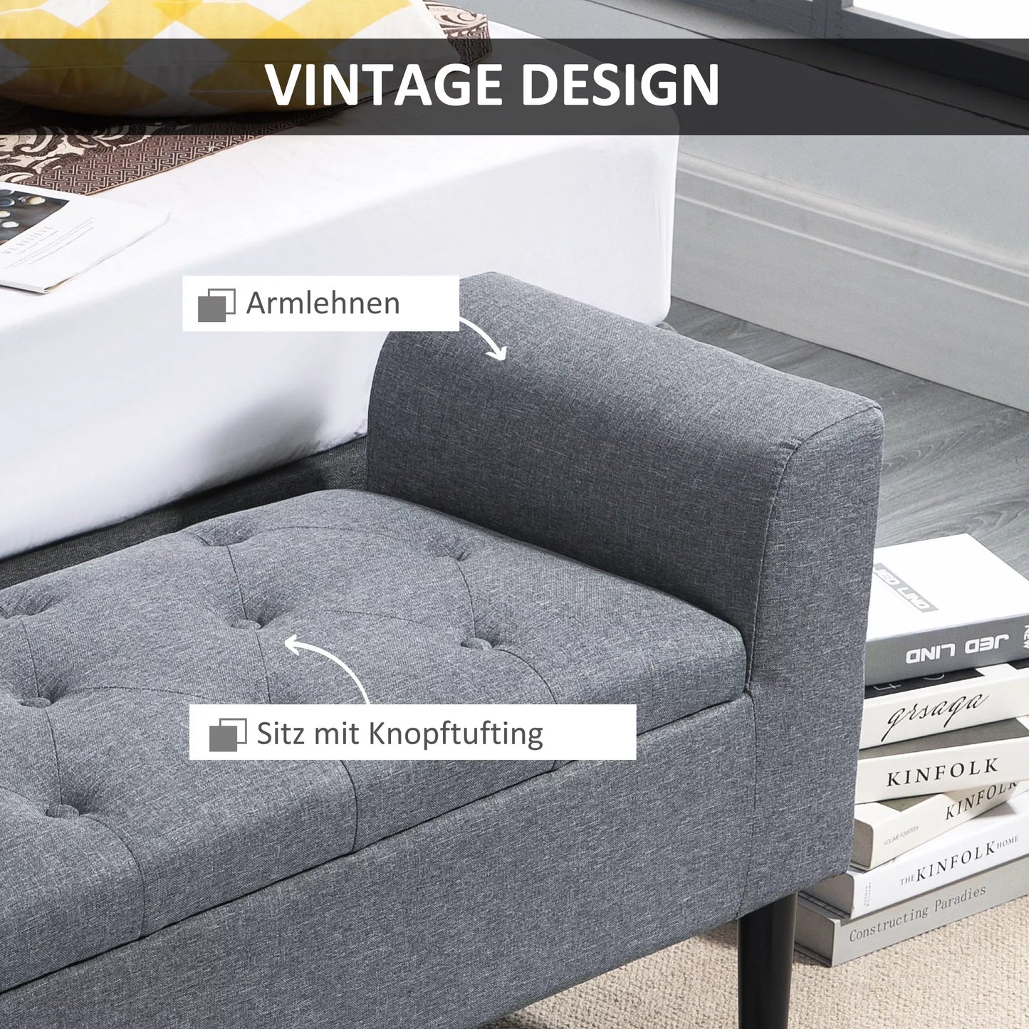 Sėdynė su daiktadėže, paminkštinta sėdynė, atlaiko iki 130 kg, lininė išvaizda, kaučiukmedžio mediena, 116 x 44 x 58 cm, šviesiai pilka