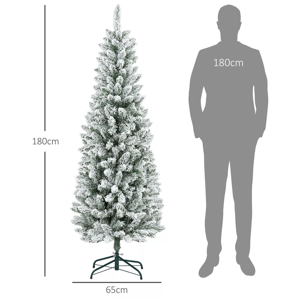Dirbtinė Kalėdų eglė, lieknos formos, su dirbtiniu sniegu, trijų dalių, atspari ugniai, metalinis pagrindas, 180 cm, žalia