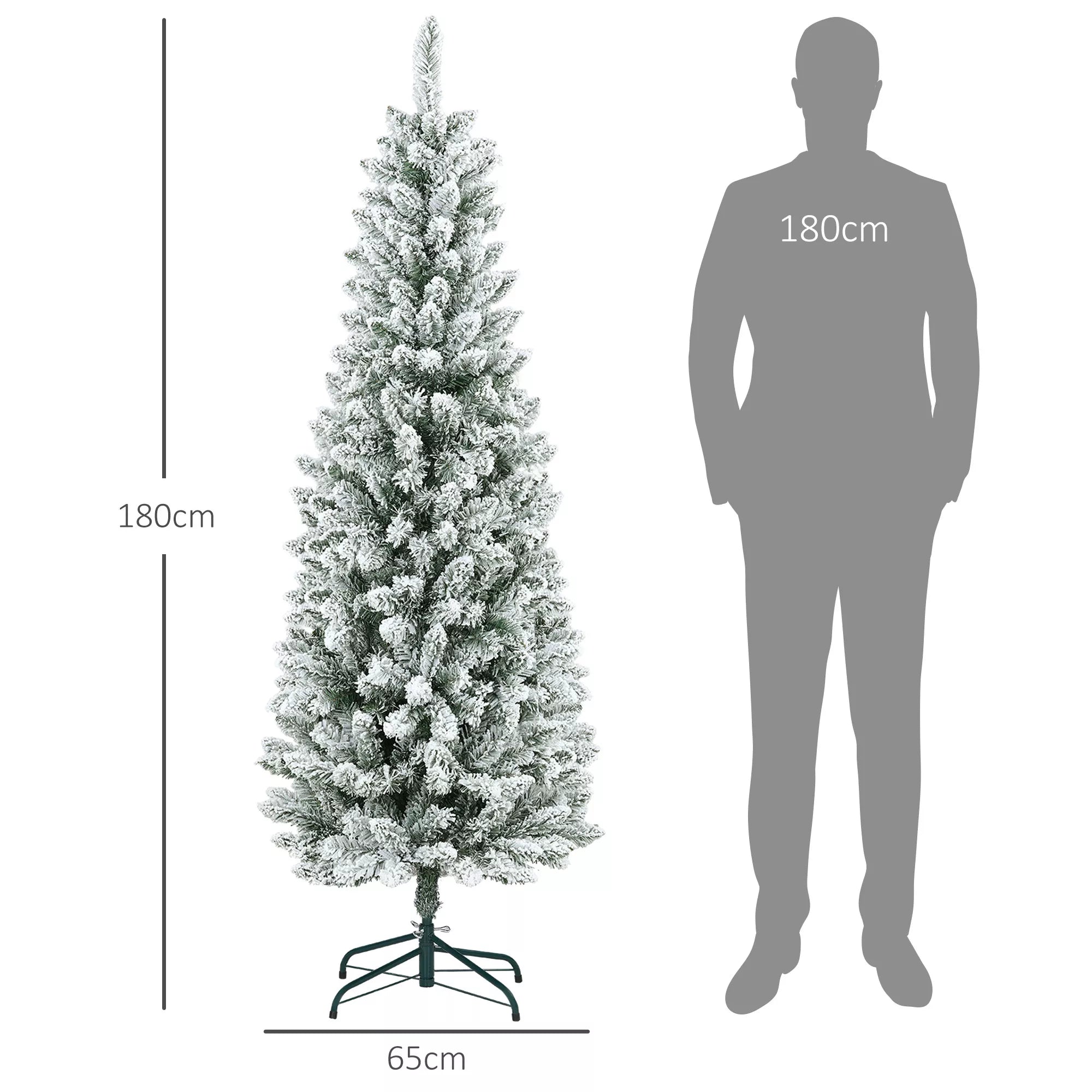 Dirbtinė Kalėdų eglė, lieknos formos, su dirbtiniu sniegu, trijų dalių, atspari ugniai, metalinis pagrindas, 180 cm, žalia