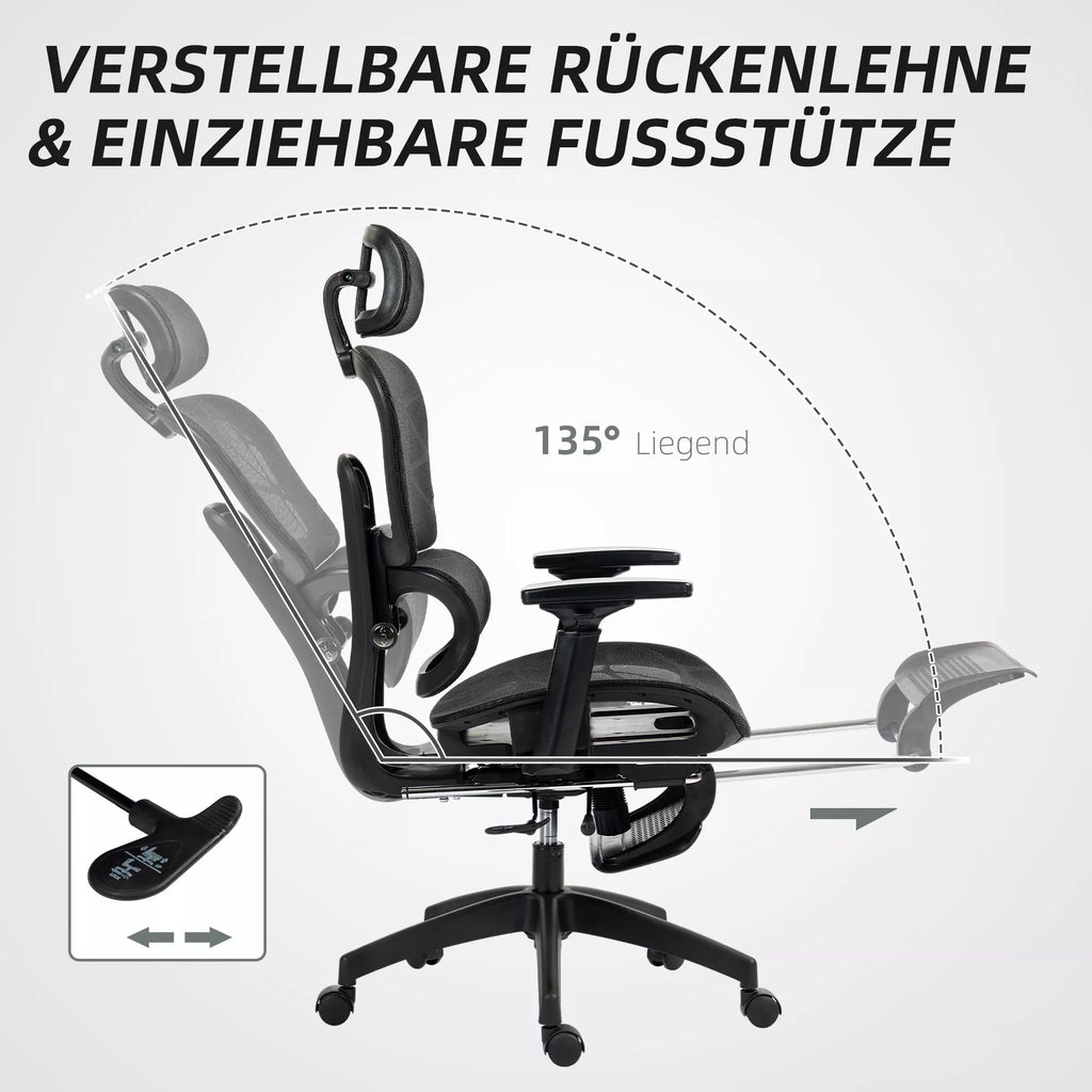 Infografika su juodos ergonominės biuro kėdės atlošimo 135° ir pakojų išskleidimo schema