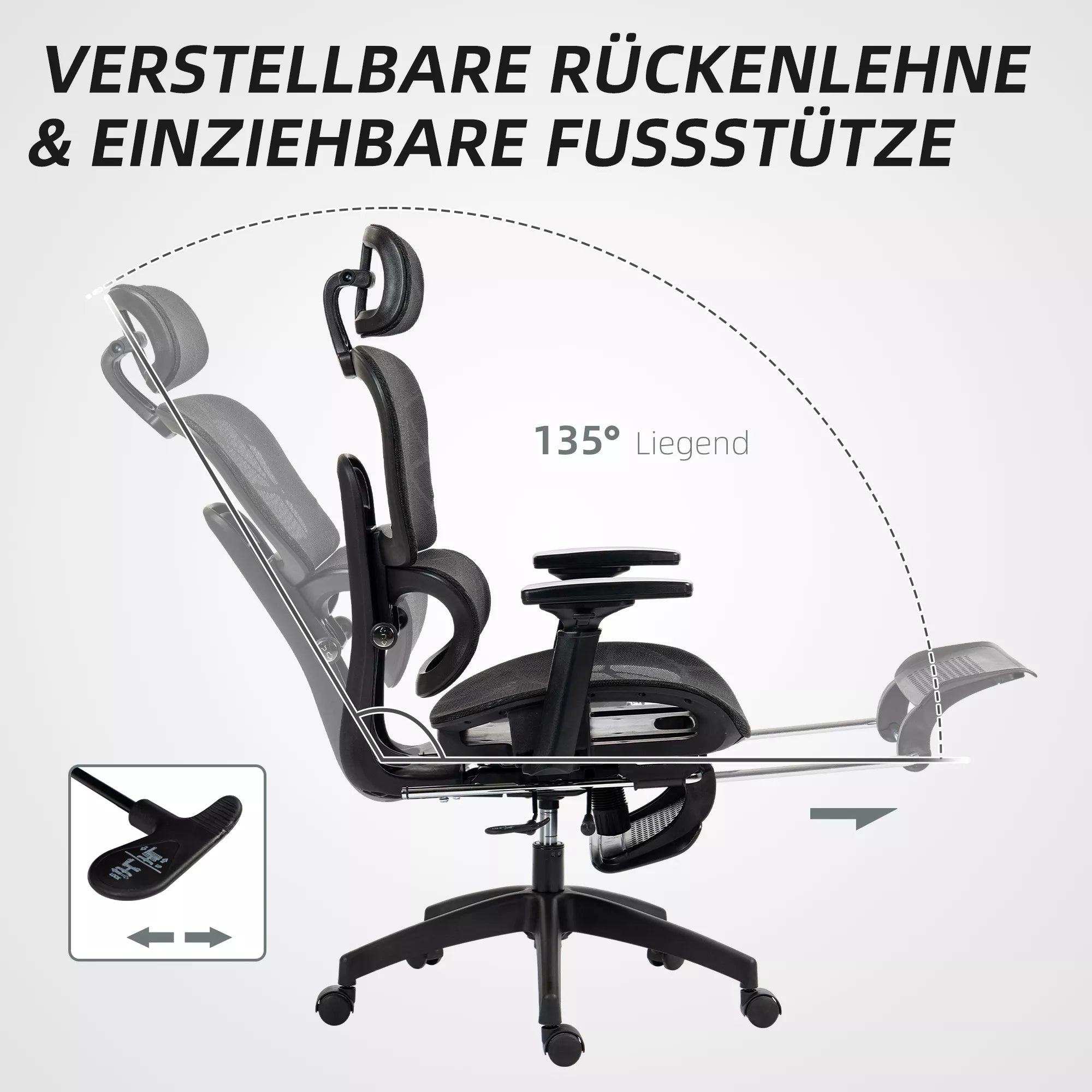 Infografika su juodos ergonominės biuro kėdės atlošimo 135° ir pakojų išskleidimo schema