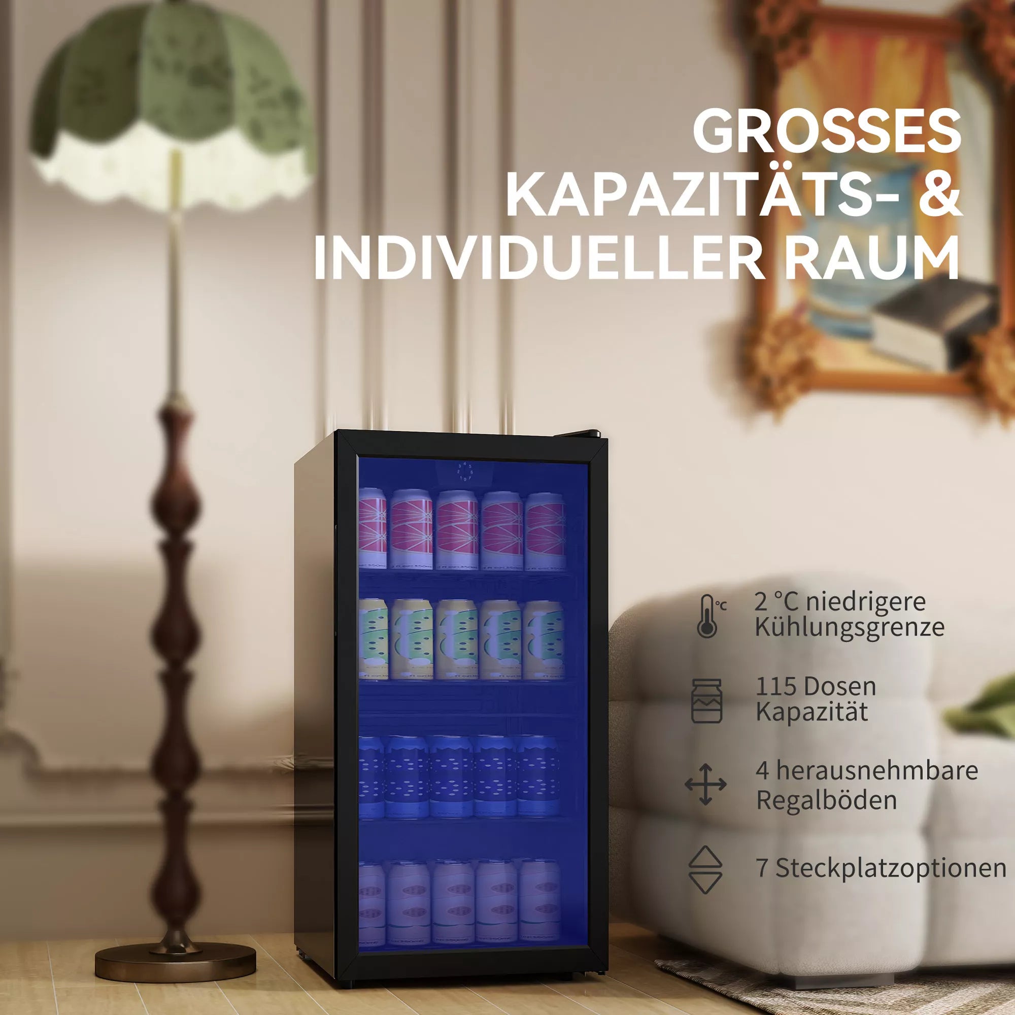 Mini šaldytuvas 93 l su stiklinėmis durimis, reguliuojamomis lentynomis, LED apšvietimu, temperatūros reguliatoriumi, 47,2 x 43,7 x 83,3 cm, juodos spalvos