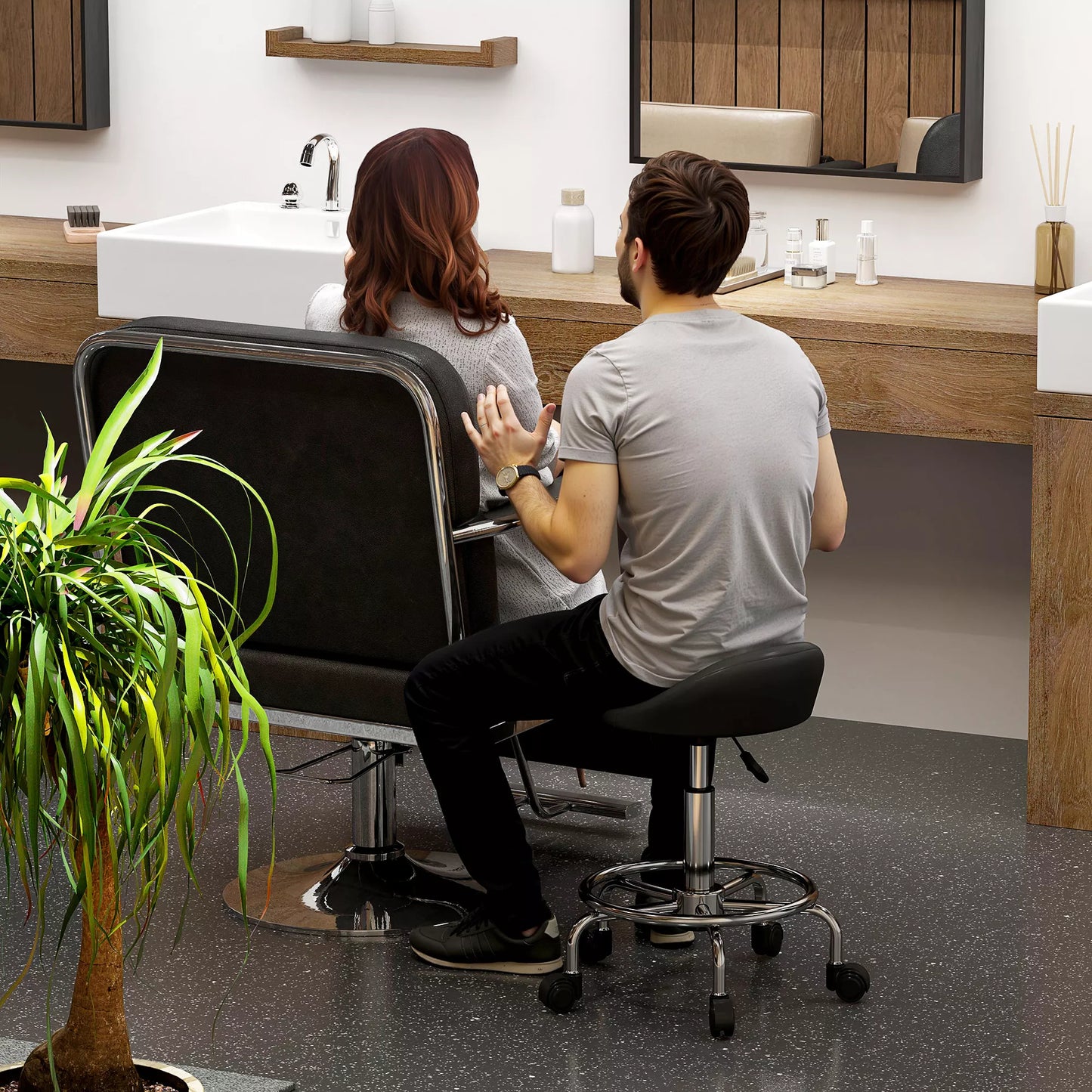 Aukštis reguliuojamas ratukinis taburetė su atlošu 59-75 cm, pasukama 360° darbinė taburetė, juoda