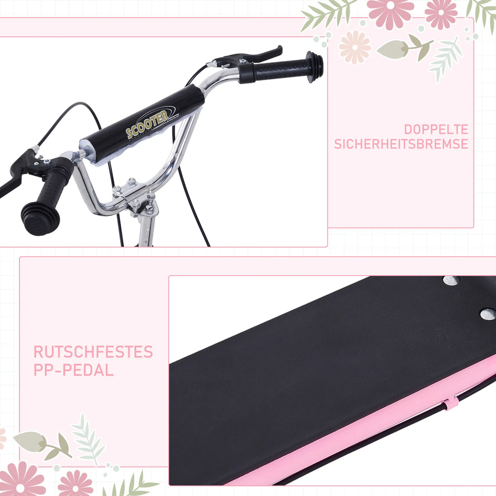 Rožinio paspirtuko stabdys ir neslystantis pedalas iš arti
