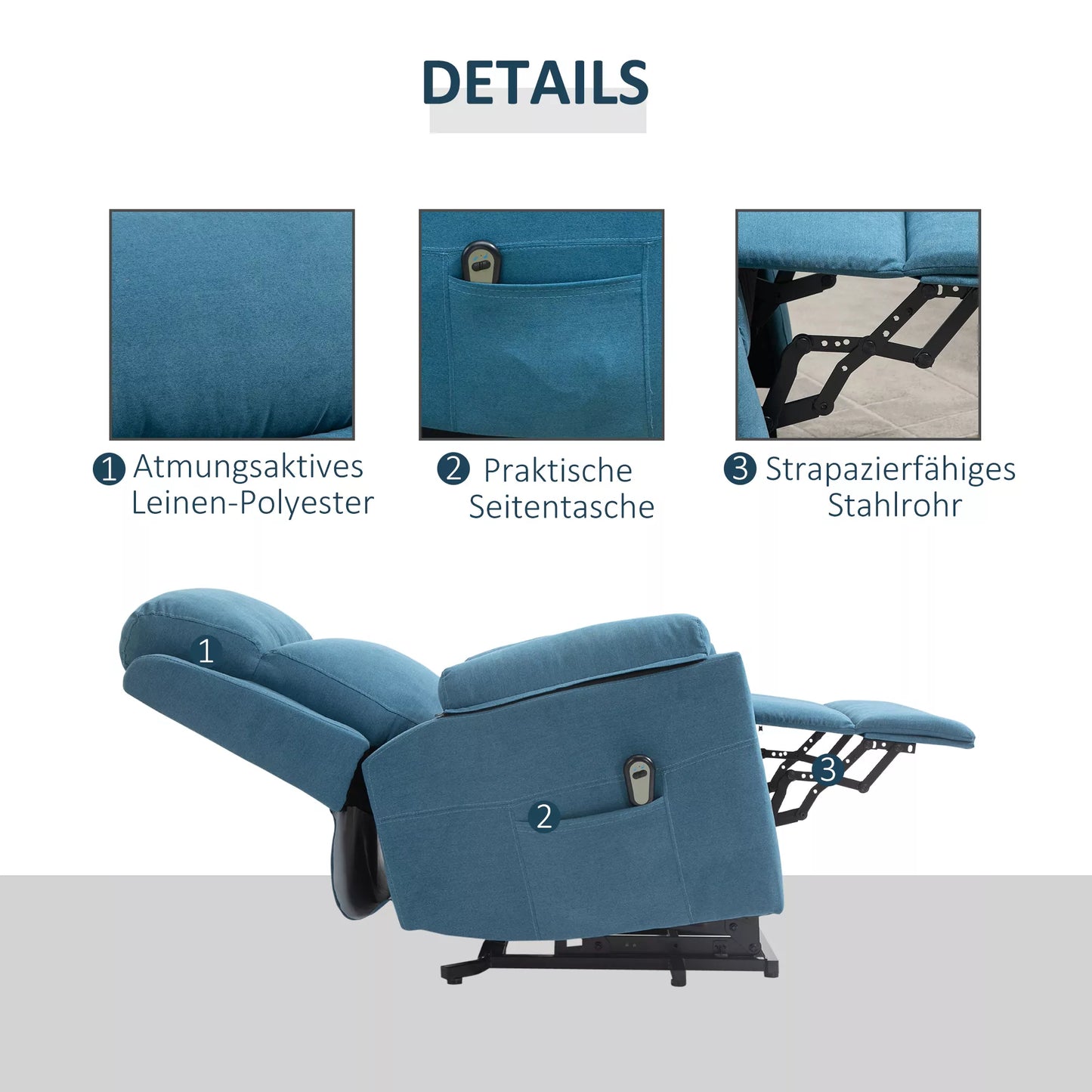 Elektrinis TV fotelis su pakėlimo funkcija, relaksacinis krėslas su gulėjimo funkcija, TV fotelis su distanciniu pulteliu, šonine kišenė, kišeninių spyruoklių sistema, lininės išvaizdos, mėlynos spalvos