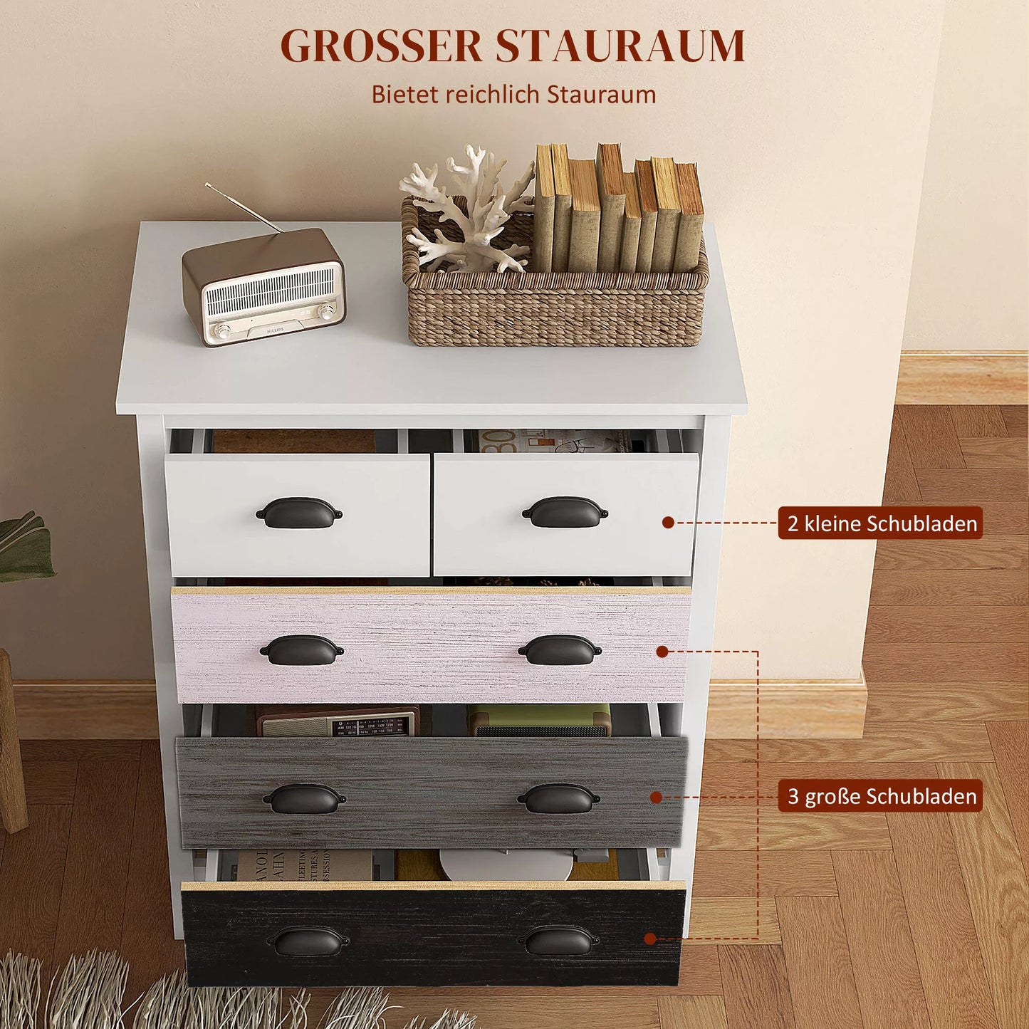 Indauja, komoda, 5 stalčiai, lakuotas paviršius, MDF ir pušies mediena, 70 x 38 x 85 cm, balta