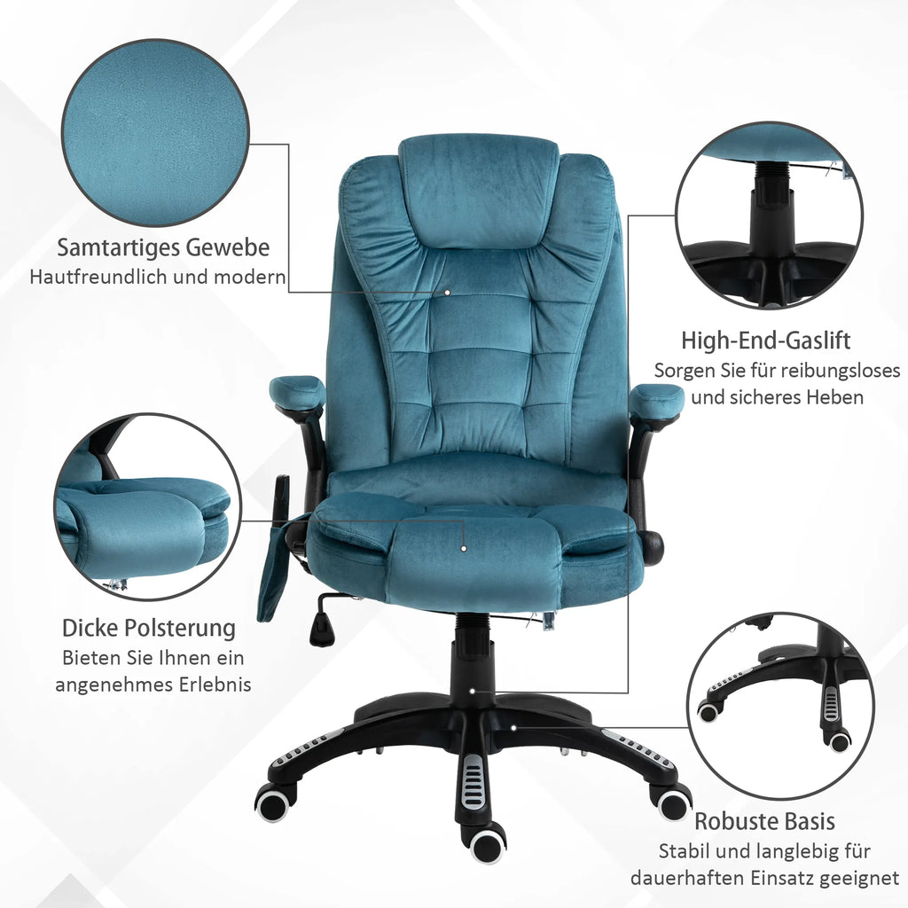 Biuro kėdė, masažinė, su šildymo funkcija, vadybininko kėdė su masažu, aukščio reguliavimo ergonomiška žaidimų kėdė, mėlyna, 68 x 72 x 110–120 cm