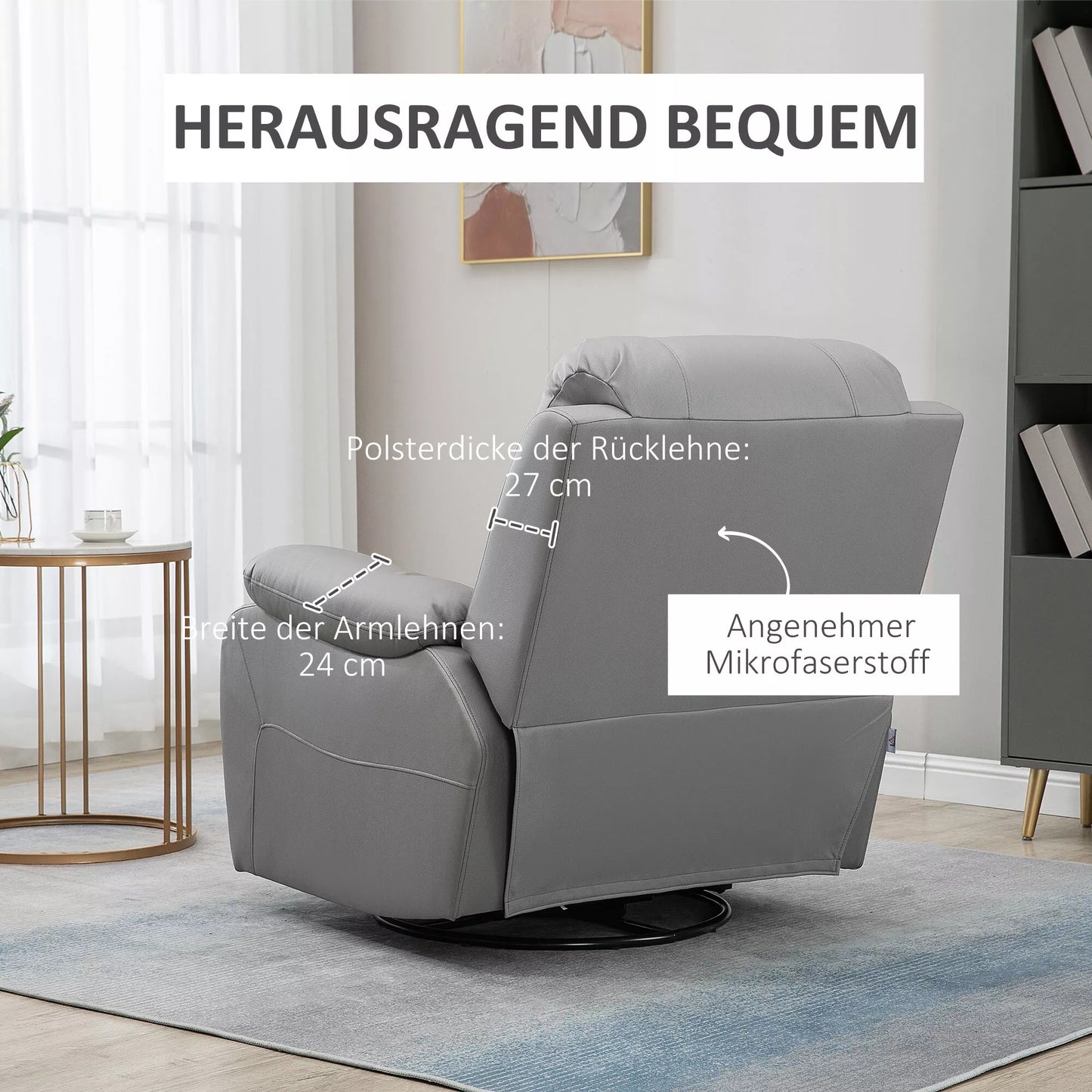 Poilsio krėslas, atlošiamas krėslas, reguliuojamas atlošas, pasukamas, supimosi funkcija, su kojų atrama, plienas, pilkas, 93 x 100 x 98cm