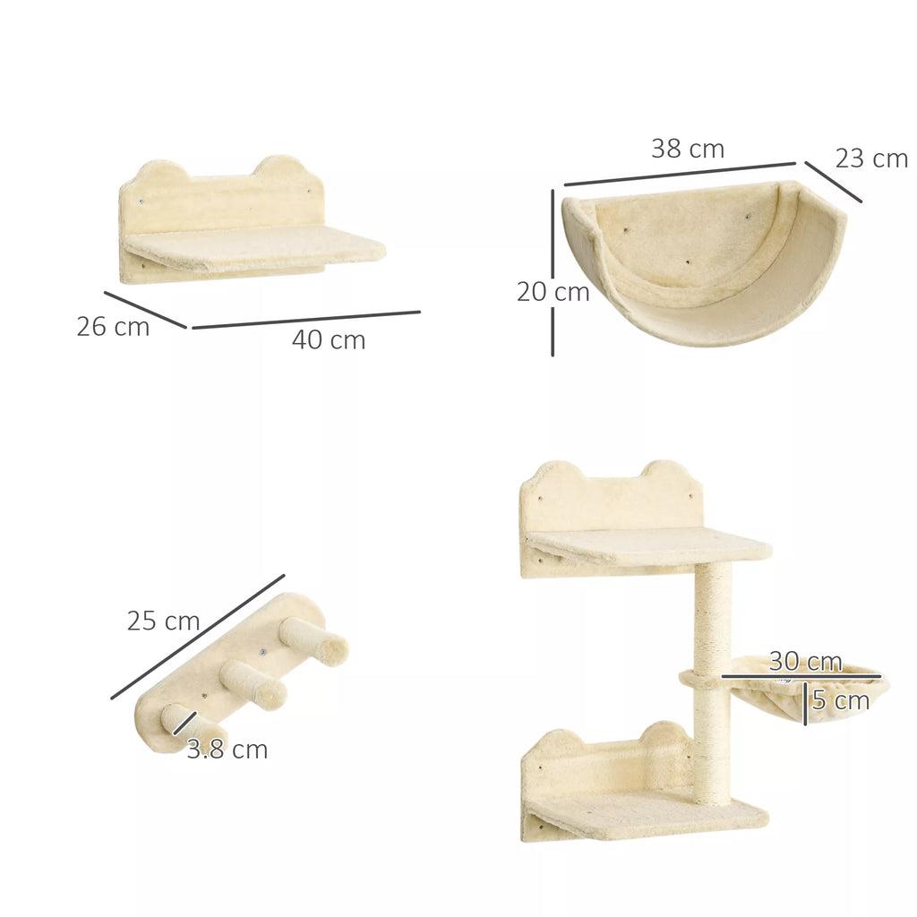 Katinėms skirtas laipiojimo sienos rinkinys, 4 dalys, su katės laipteliais, hamaku, platforma ir nagų galandimo stulpu, smėlio spalvos