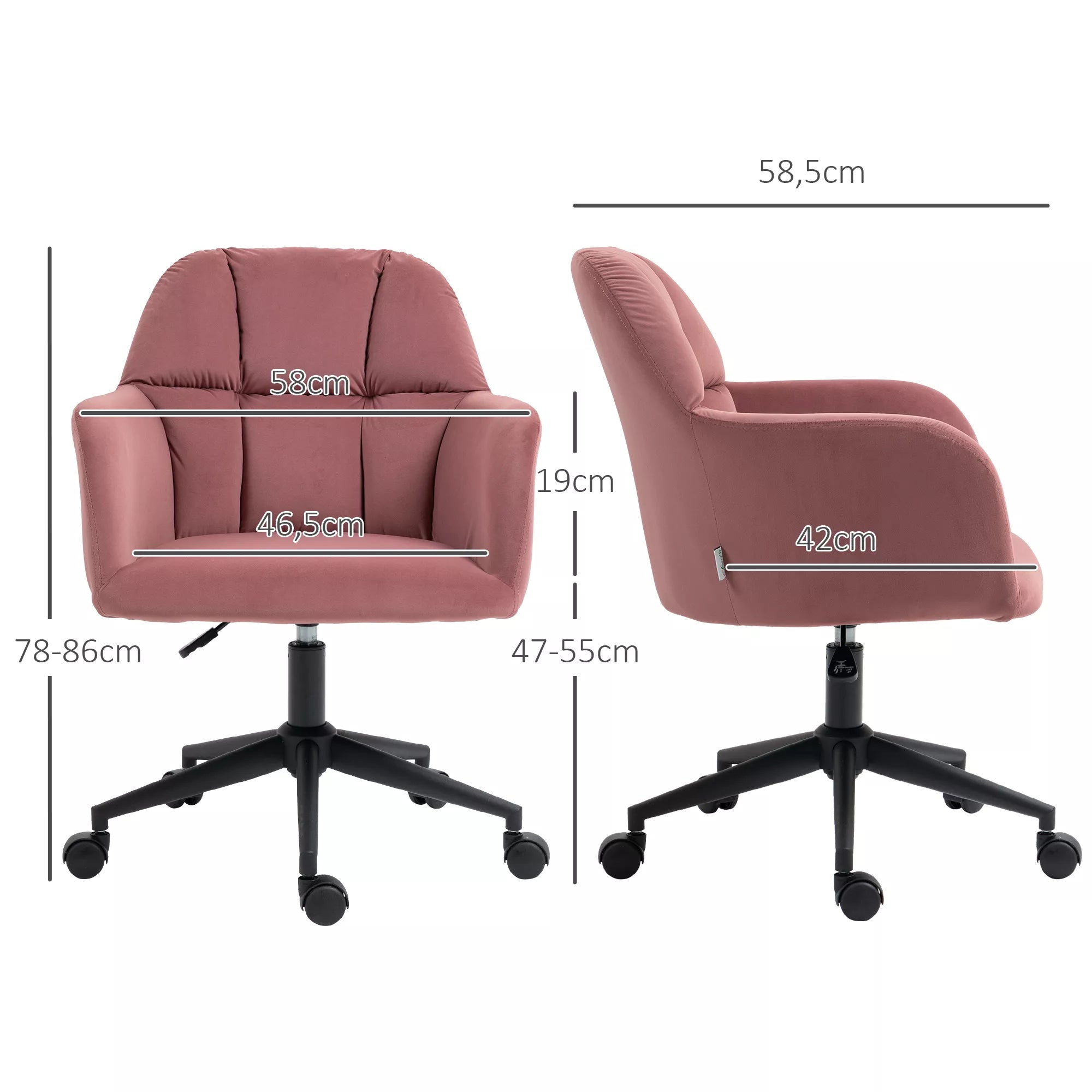 Biuro kėdė, ergonomiška, aukščio reguliuojama, sukiojama, aksomo išvaizda, iki 120 kg, rožinė