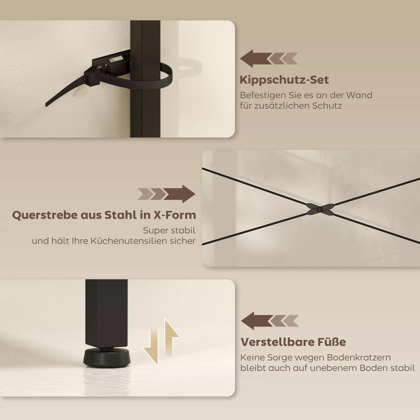 Virtuvinė pastatomos lentynos su 2 elektros lizdais, 5 S formos kabliukais, 5 lentynomis, krepšiu, X formos atramomis iš plieno, 90 x 42 x 130 cm