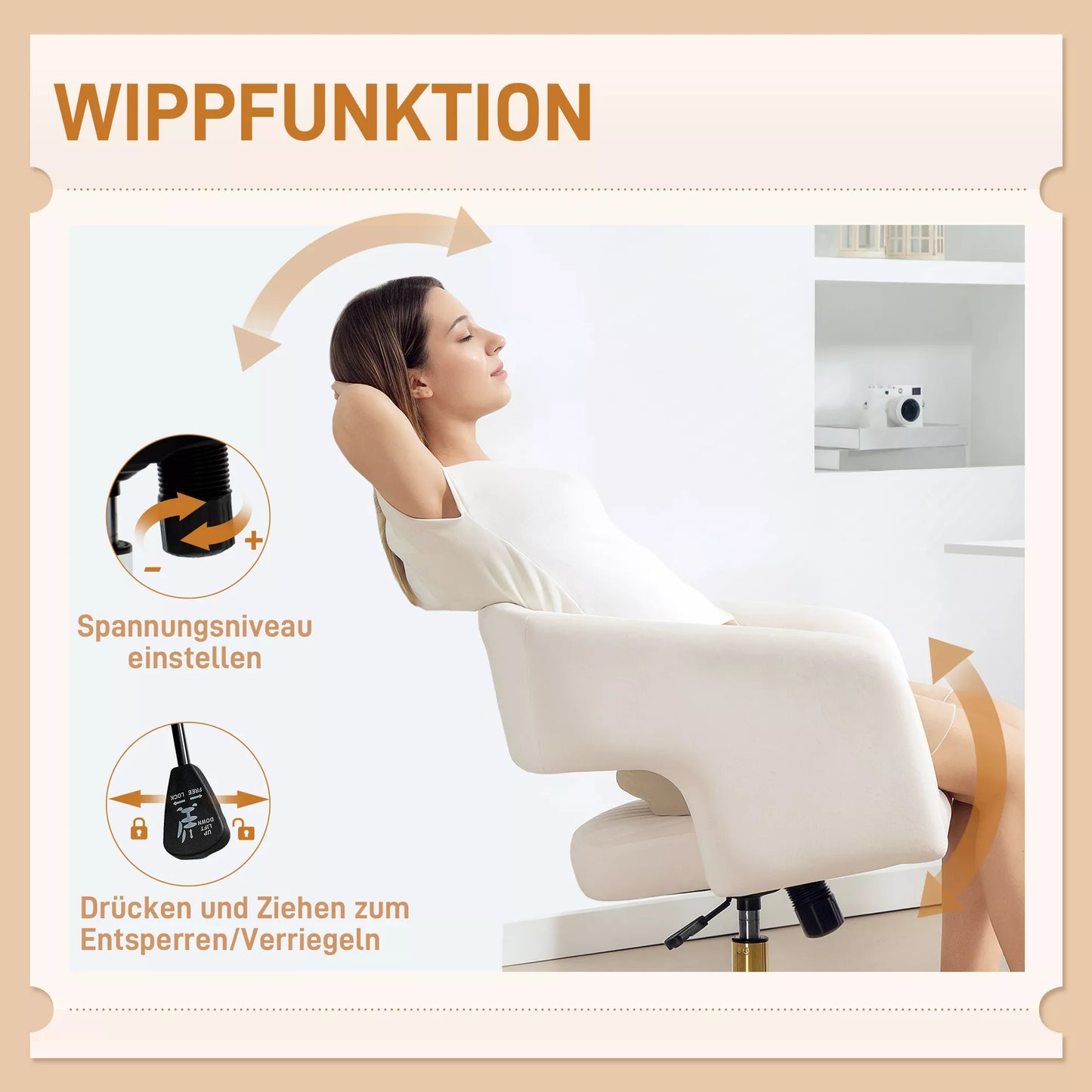 Sukama biuro kėdė su aksomo imitacijos apmušalu, aukščio reguliuojama, su pakreipimo funkcija, kreminės baltos spalvos