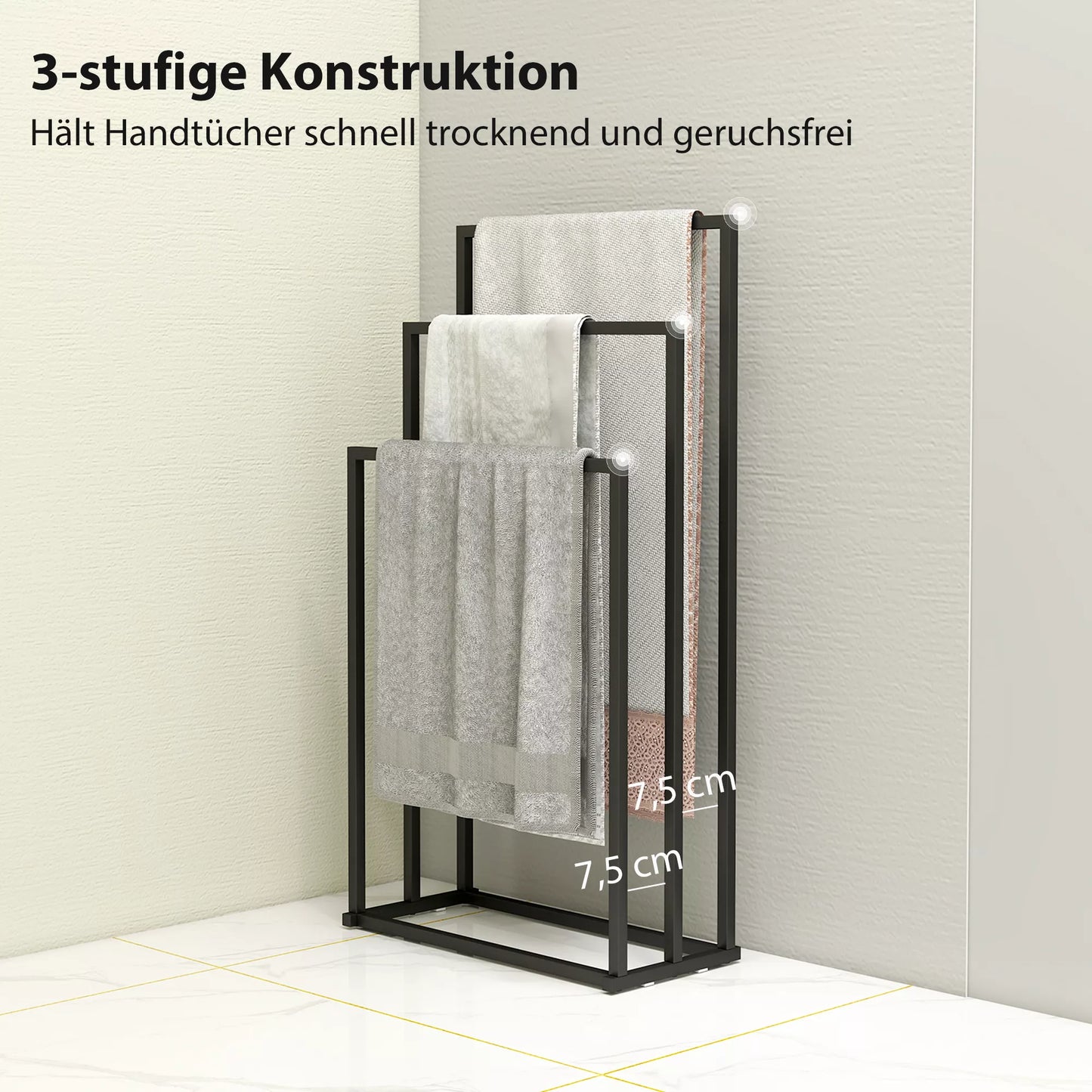Pastatomas rankšluosčių laikiklis su 3 strypais, rankšluosčių stovas/kopetėlės iš plieno 45 x 21,5 x 85 cm