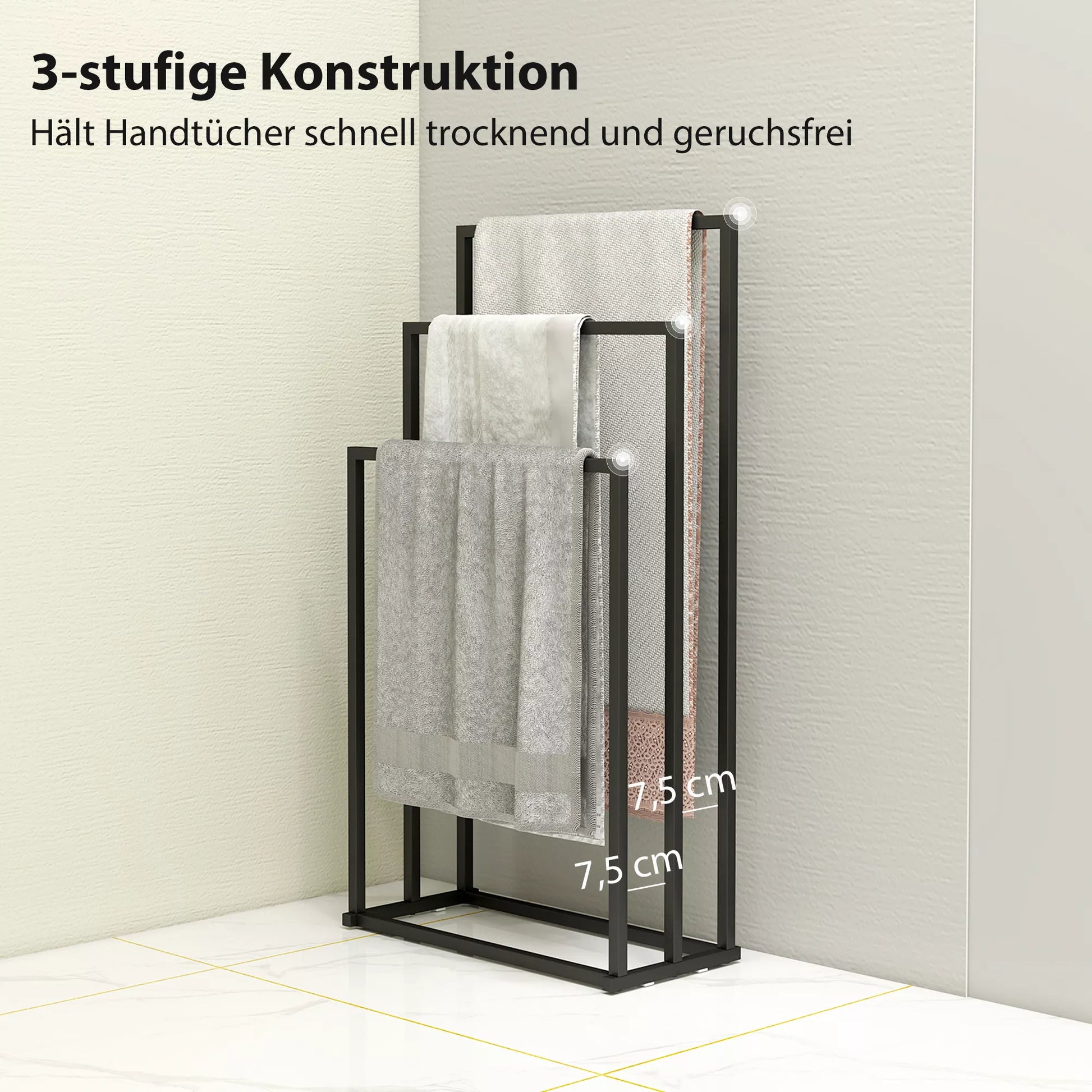Pastatomas rankšluosčių laikiklis su 3 strypais, rankšluosčių stovas/kopetėlės iš plieno 45 x 21,5 x 85 cm