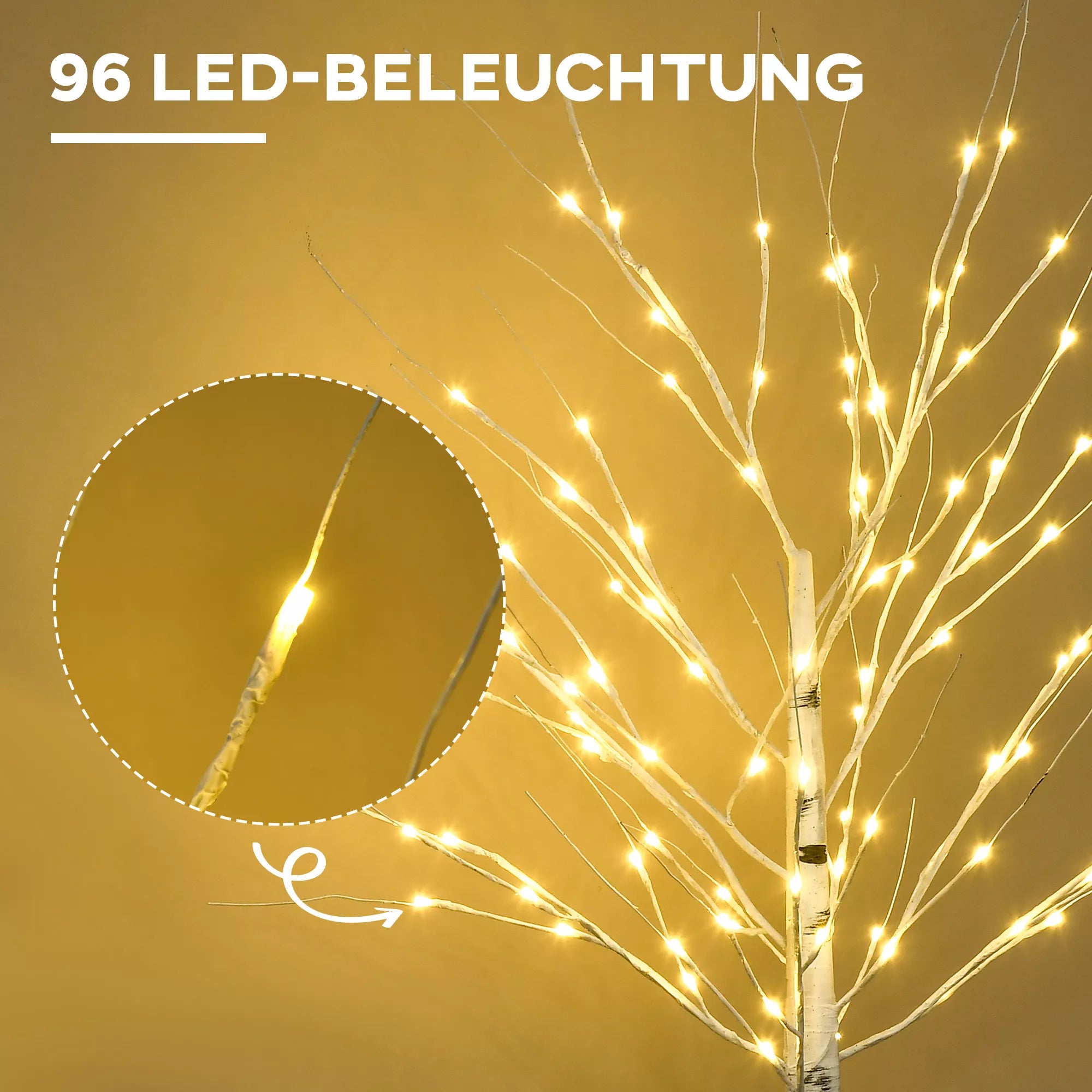 Dirbtinė beržo imitacija su LED lemputėmis, lanksčios šakos, plastikas ir metalas, 150 cm, balta