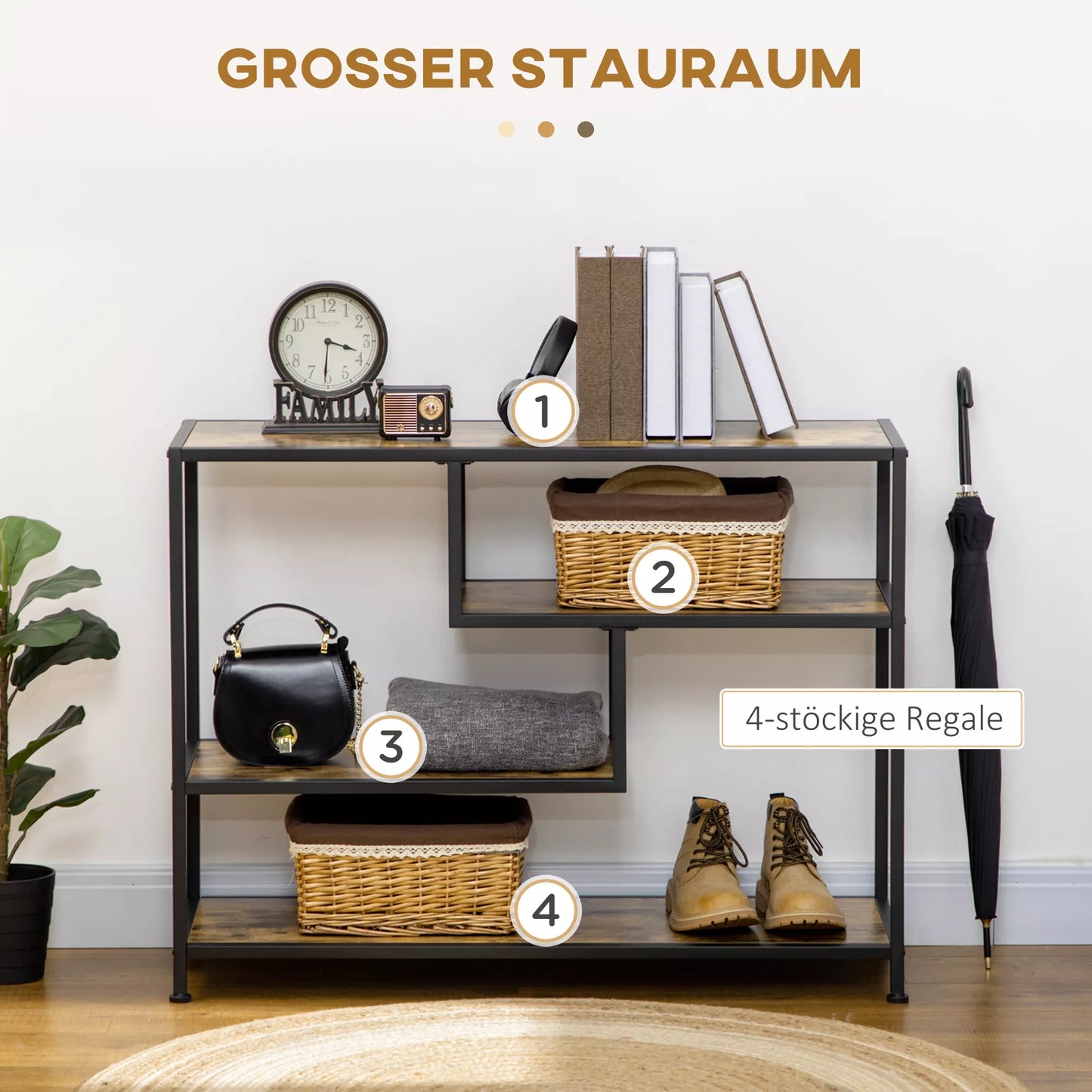 Lentyna, konsolinis staliukas, pramoninio dizaino, 4 lentynos, plieno rėmas, 99,6 x 33,6 x 74 cm