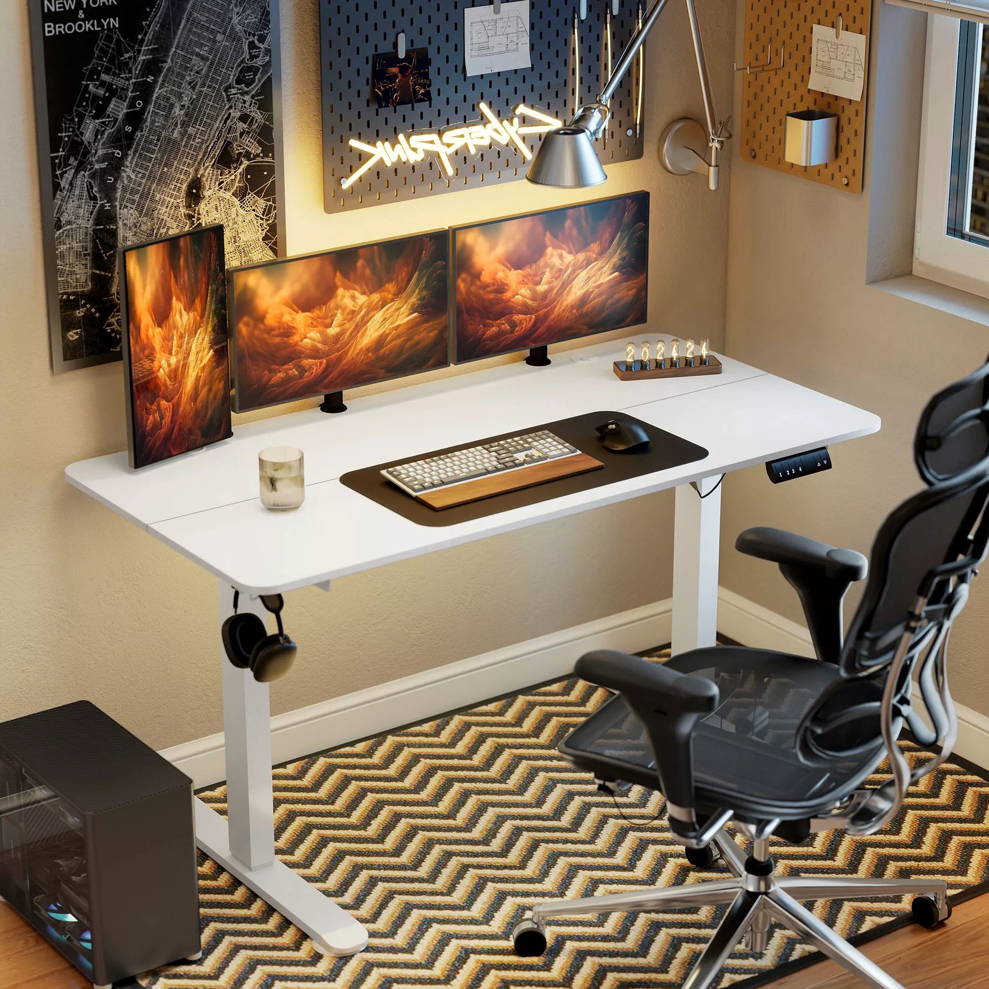 Stovimas stalas, aukščio reguliuojamas kompiuterio stalas, 140 cm x 70 cm x 116 cm, baltas