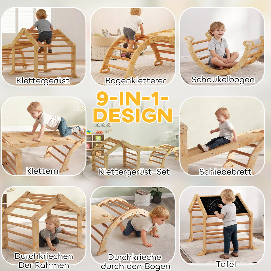 9-in-1 vidaus laipiojimo konstrukcija, rampa, čiuožynė, kopėčios, rašomoji lenta, skirta mažiems vaikams, medinė