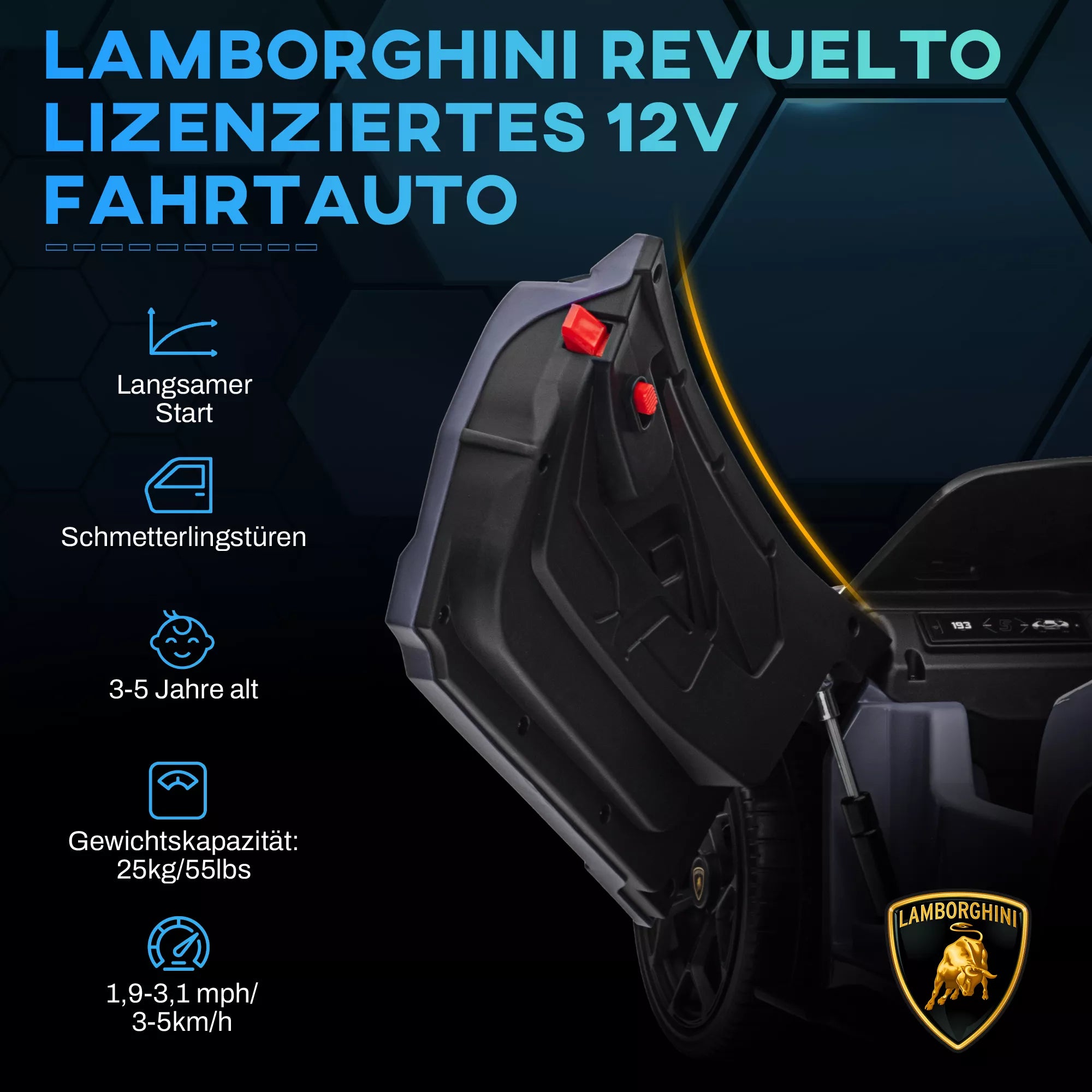 Grafika apie licencijuotą 12 V Lamborghini automobilį
