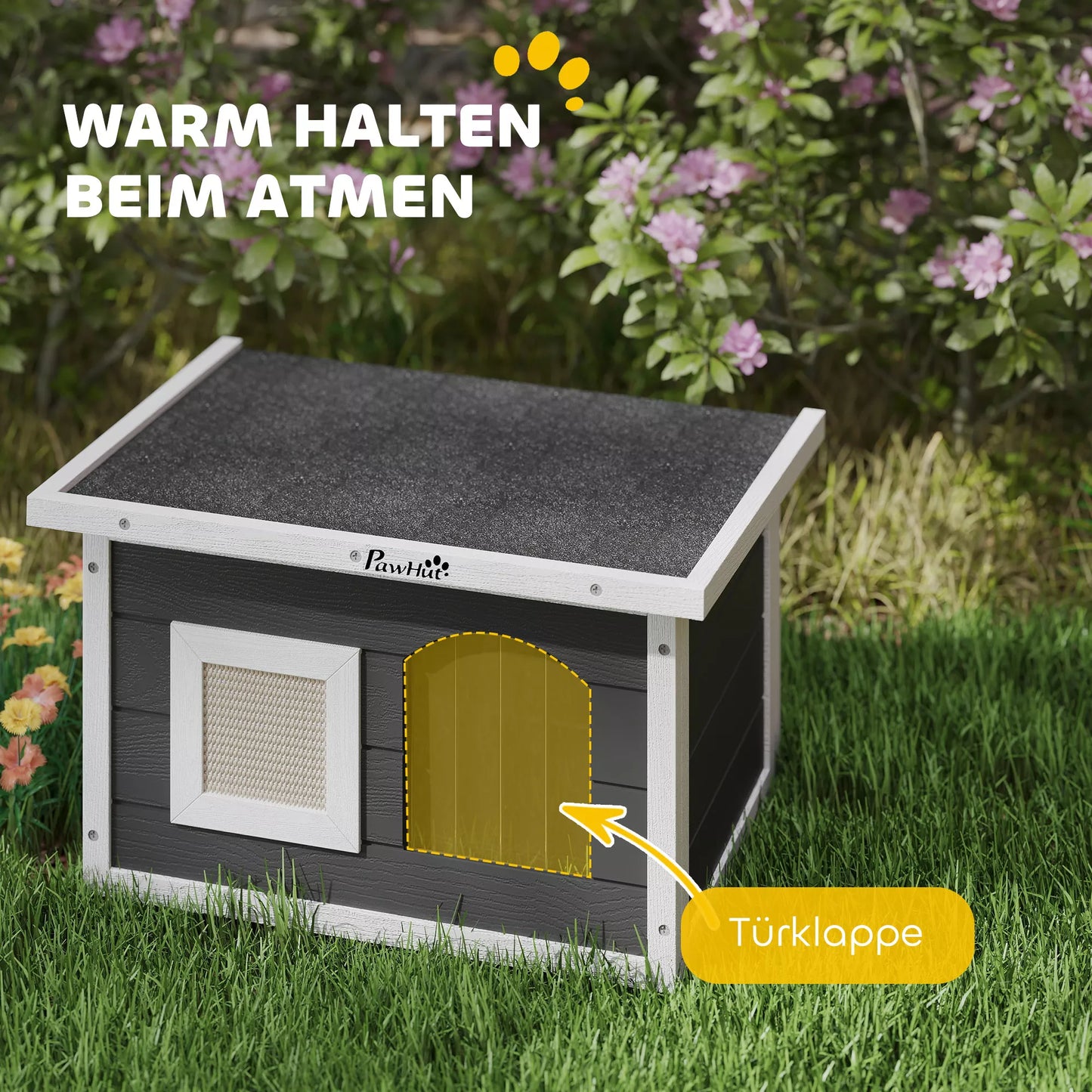 Katės namelis, prieglobstis katėms ir triušiams, medinis namelis su nagų galandimo kilimėliu, durelėmis, 61 x 45 x 36,5 cm, pilkos spalvos