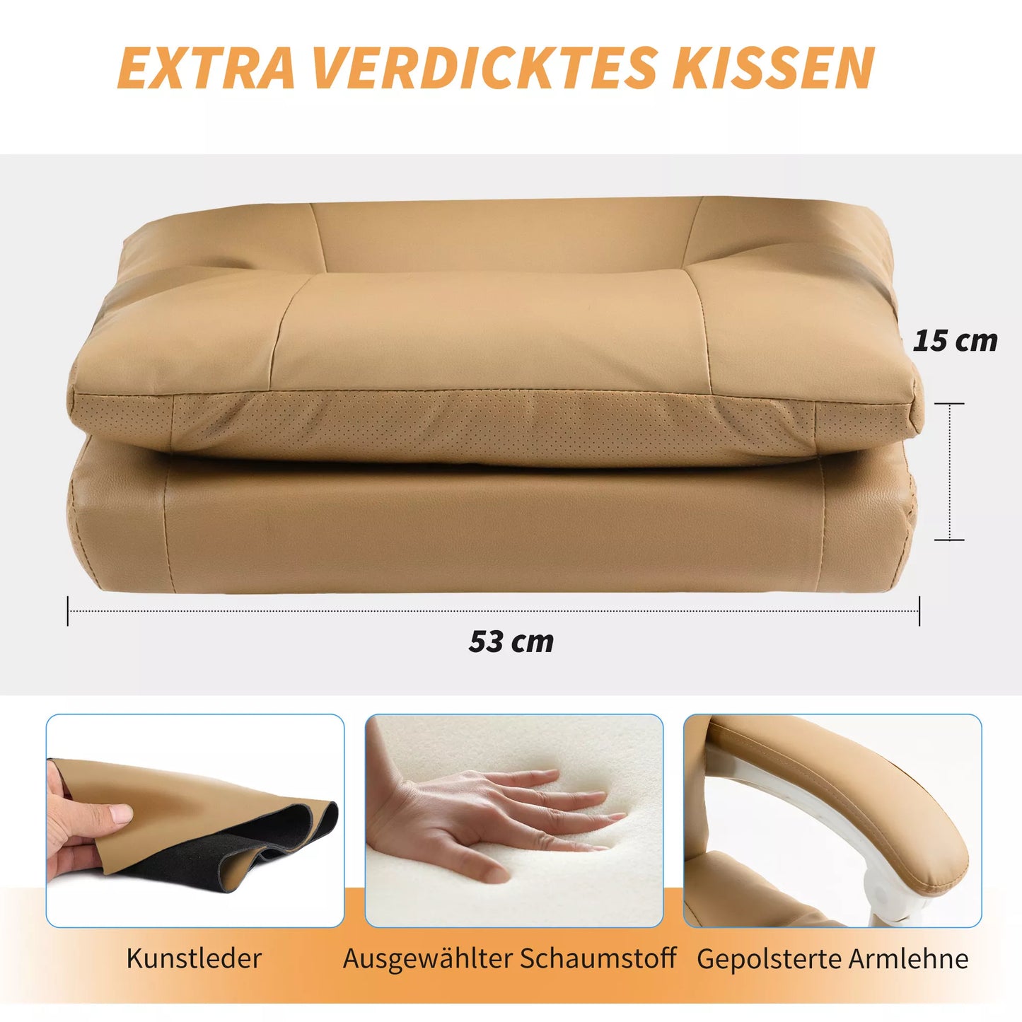 Ergonomiška biuro kėdė su juosmens atrama, sulankstomomis atlenkiamomis atramomis, kojų atrama, šviesiai rudos spalvos