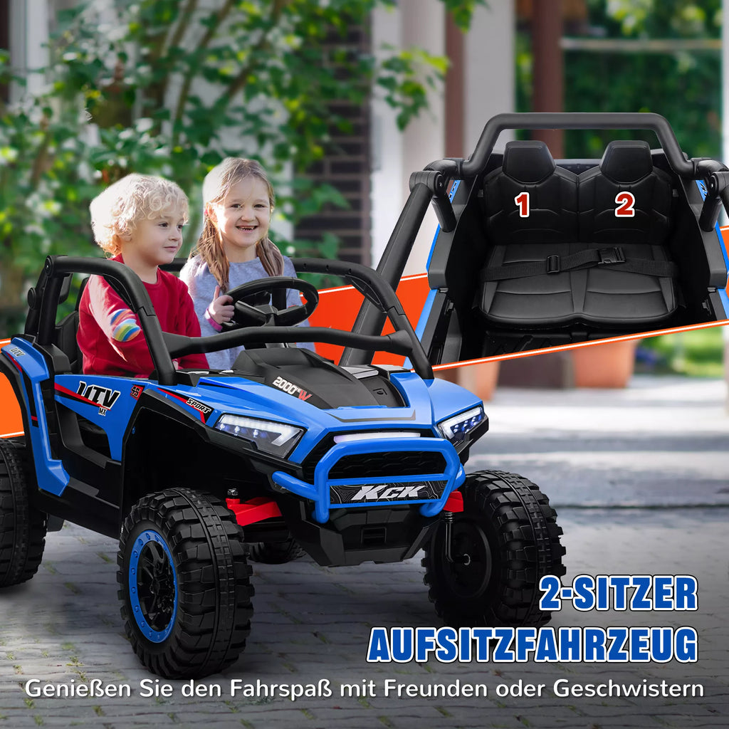 Vaikų automobilis „Elektro-UTV“, 5–7 km/h, 2 vietos, nuotolinis valdymas, muzika, žibintai, 1 val. važiavimo trukmė, mėlynas