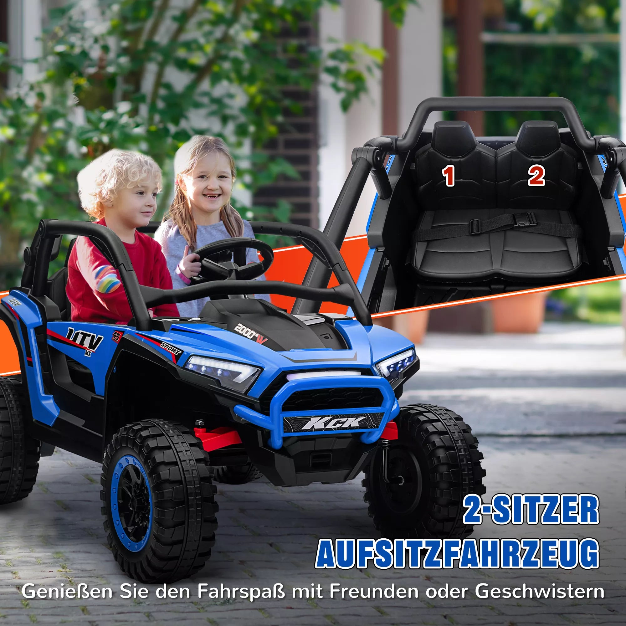 Vaikų automobilis „Elektro-UTV“, 5–7 km/h, 2 vietos, nuotolinis valdymas, muzika, žibintai, 1 val. važiavimo trukmė, mėlynas