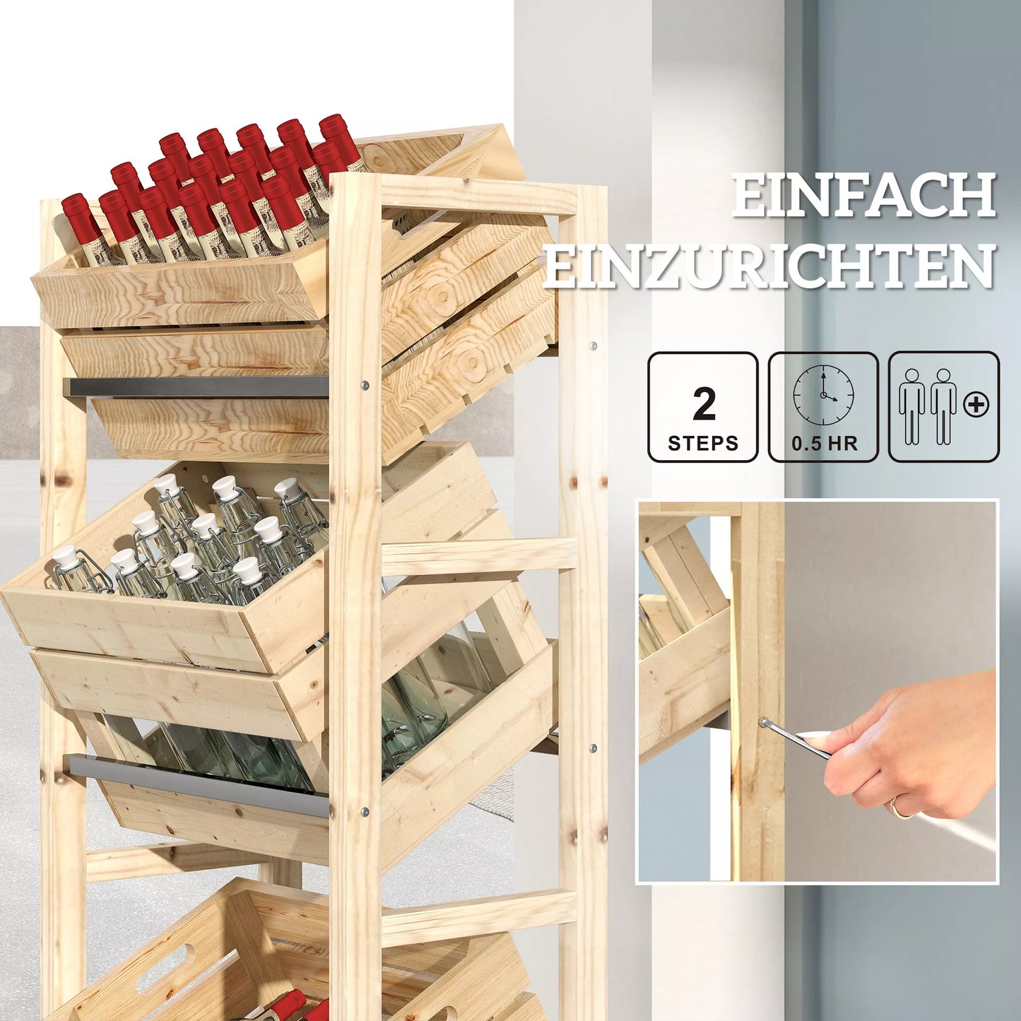 Gėrimų dėžių lentynos 3 gėrimų dėžėms Gėrimų lentynos Medinės dėžių lentynos su 3 lygiais 56 x 32 x 112 cm Natūralaus medžio