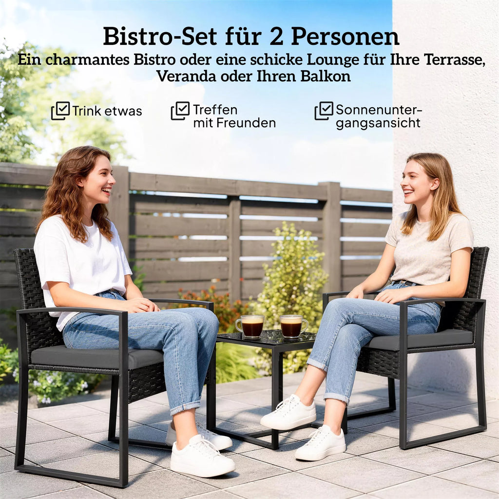 Rattan bistro komplektas, 3 dalių sodo baldų komplektas su 2 sodo kėdėmis, kavos staliuku, nuimamais pagalvėlėmis, tamsiai pilkos spalvos