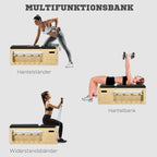 Infografika su natūralios medienos suolo funkcijomis: hantelių stovas, treniruočių suolas, pasipriešinimo juostos