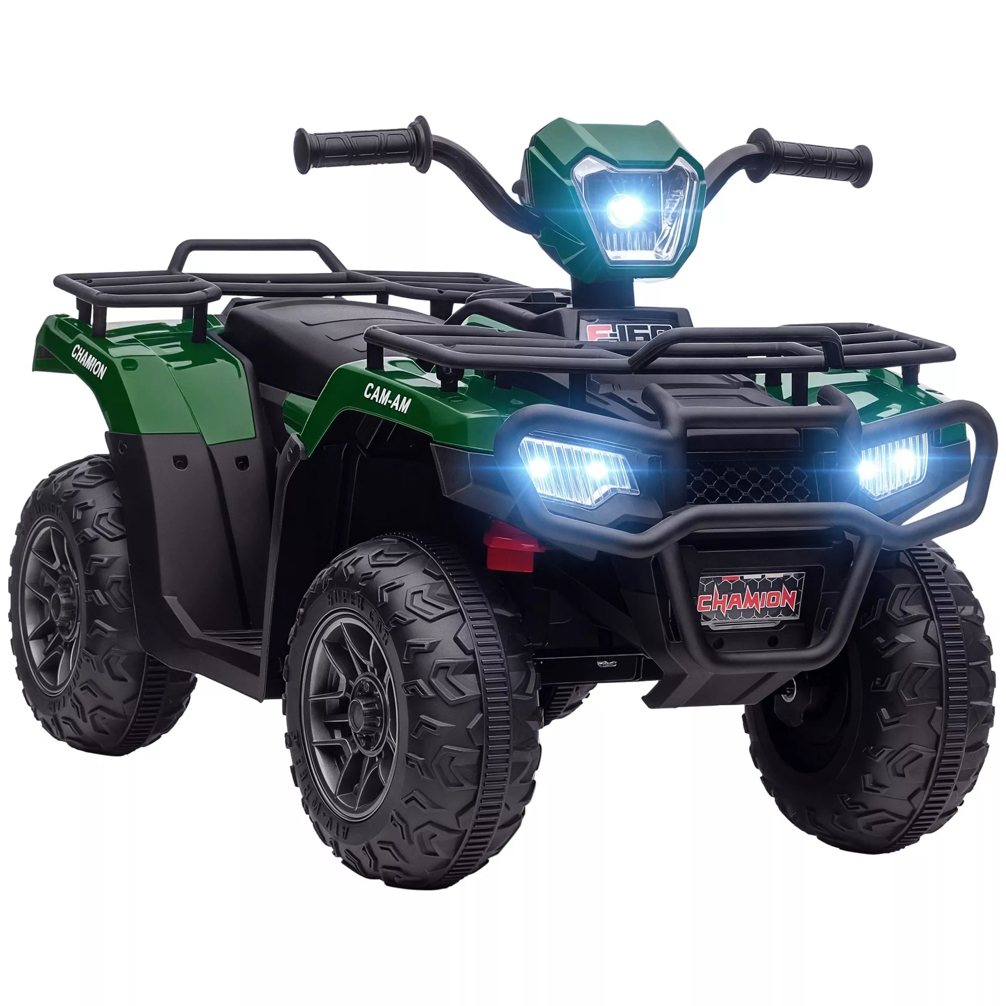 Elektrinis keturratis vaikams, maks. 4 km/h, nuo 3 metų, LED žibintai, muzikos jungtis, juodas + žalias 88 x 45 x 50 cm