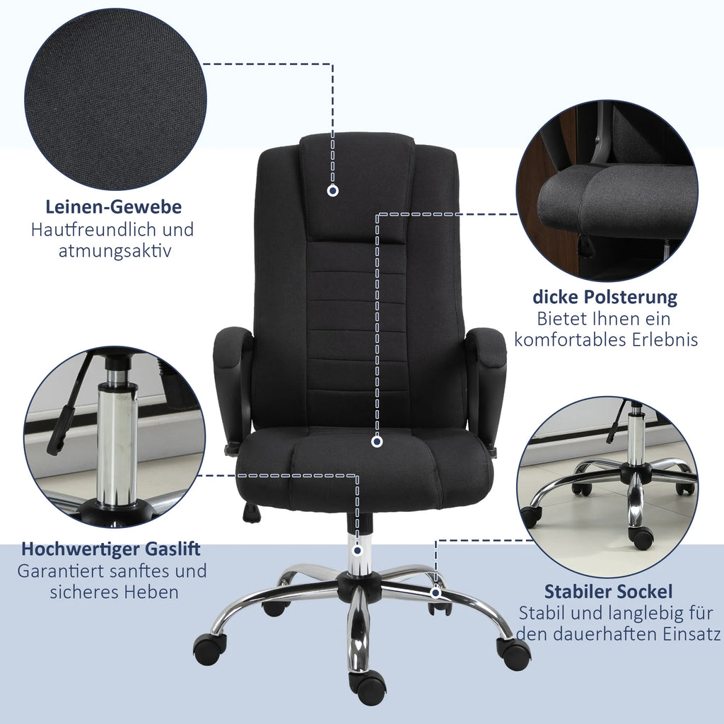 Biuro kėdė, kompiuterinė kėdė su svyravimo funkcija, galvos atrama, ergonomiška rašomojo stalo kėdė, sukiojama, reguliuojamo aukščio, „Linen-Touch“ juodos spalvos, 62 x 76 x 110–119 cm
