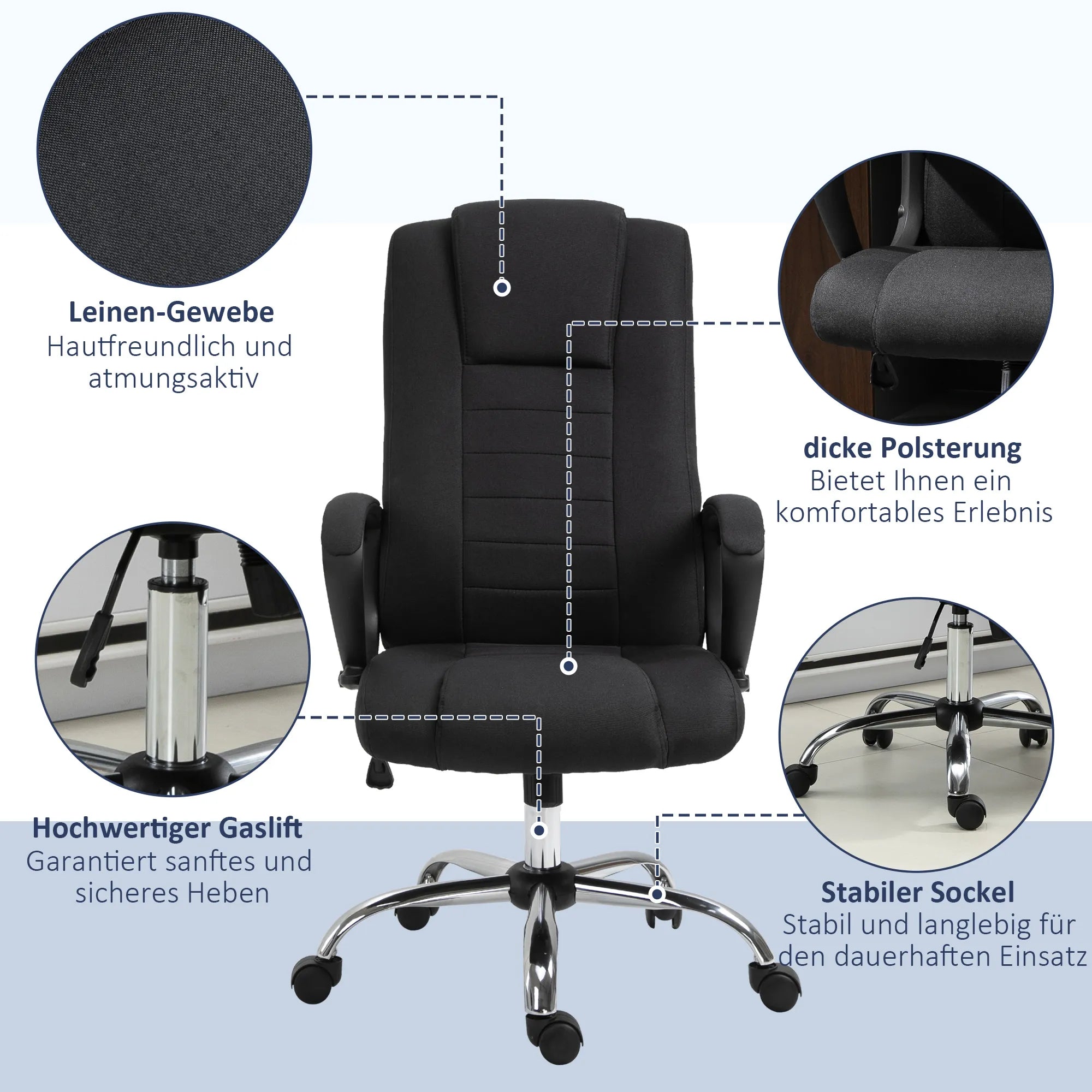 Biuro kėdė, kompiuterinė kėdė su svyravimo funkcija, galvos atrama, ergonomiška rašomojo stalo kėdė, sukiojama, reguliuojamo aukščio, „Linen-Touch“ juodos spalvos, 62 x 76 x 110–119 cm