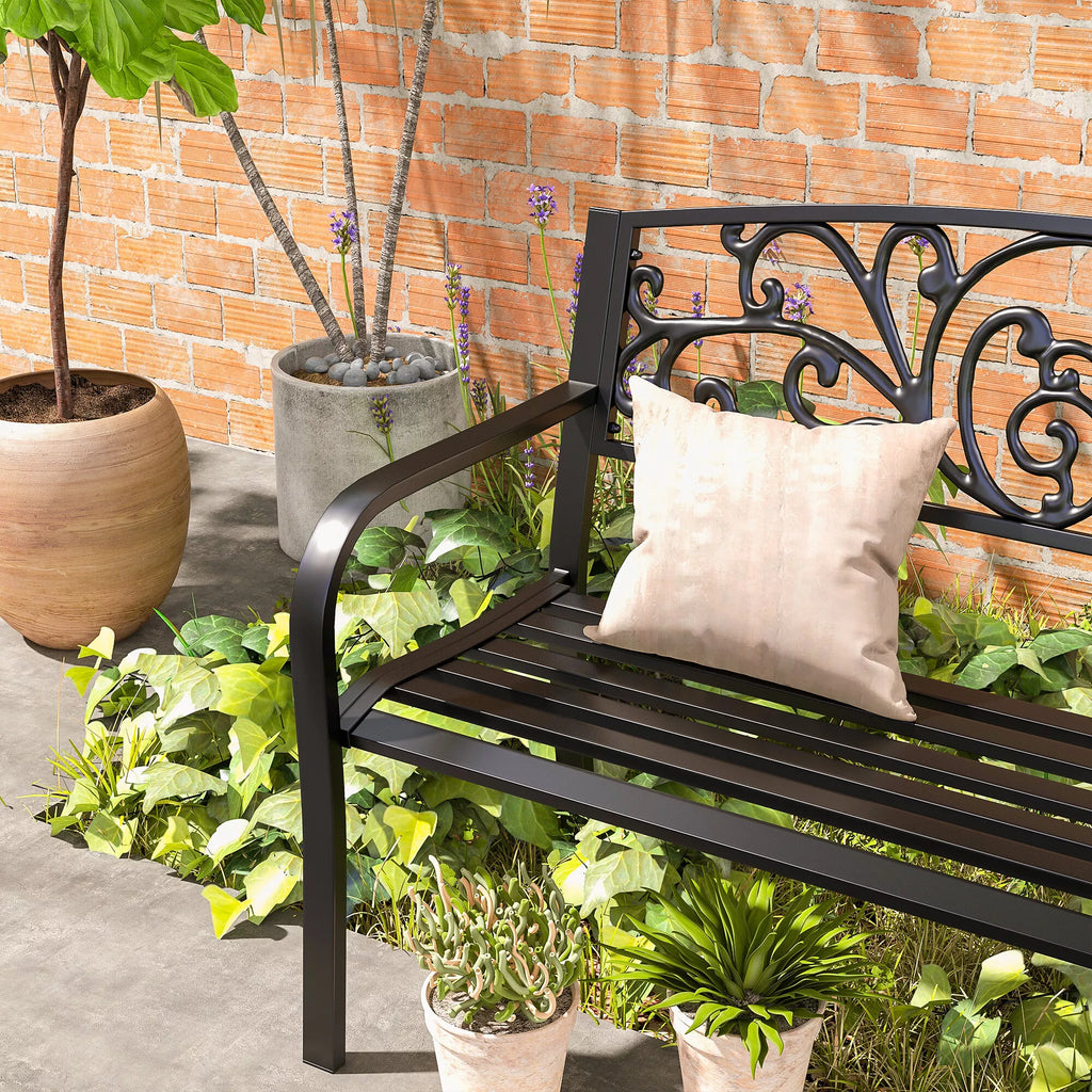Metalinė sodo suolelė, gėlių dizainas, 2 vietų, 240 kg apkrova, plienas, 127L x 60B x 87H cm, juoda