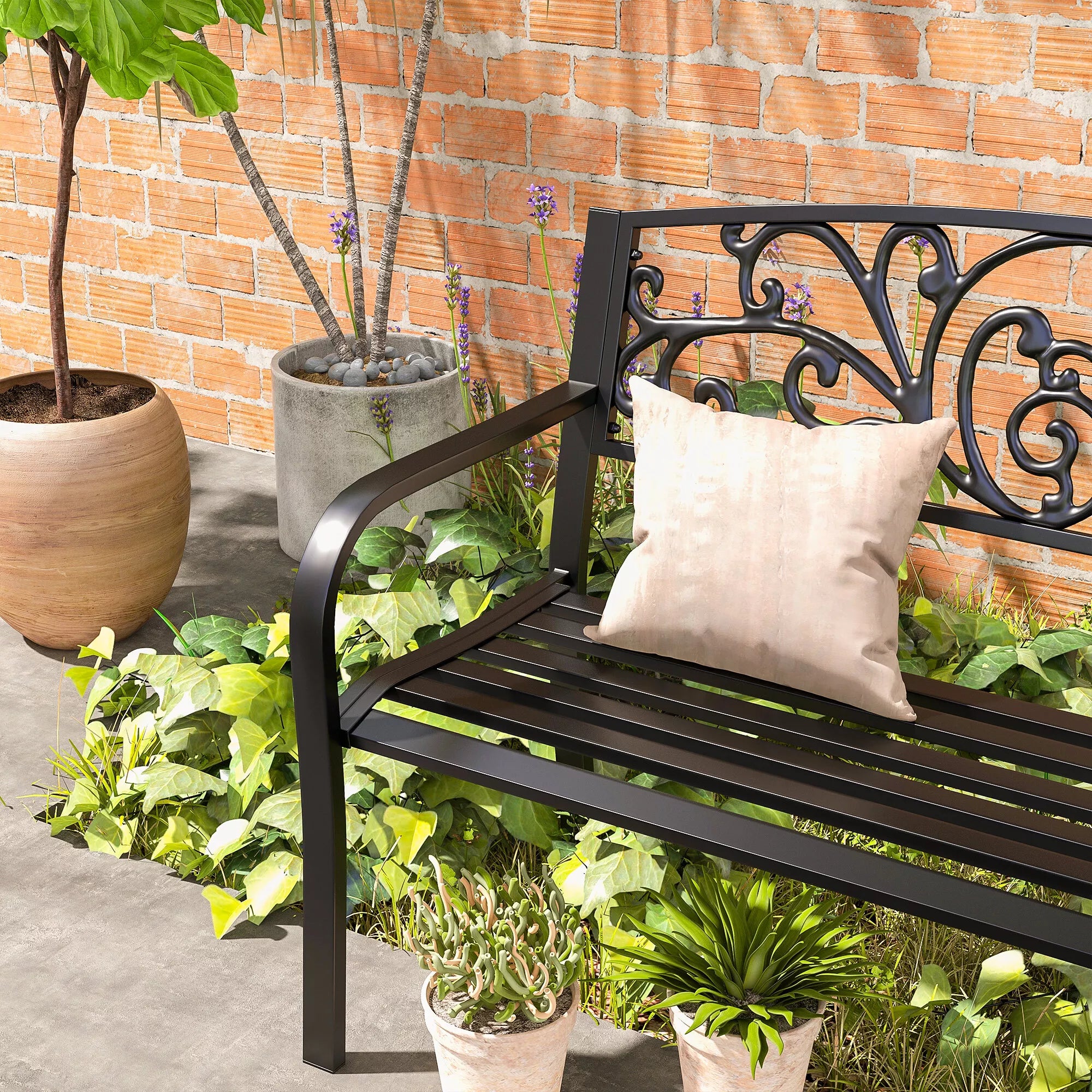 Metalinė sodo suolelė, gėlių dizainas, 2 vietų, 240 kg apkrova, plienas, 127L x 60B x 87H cm, juoda