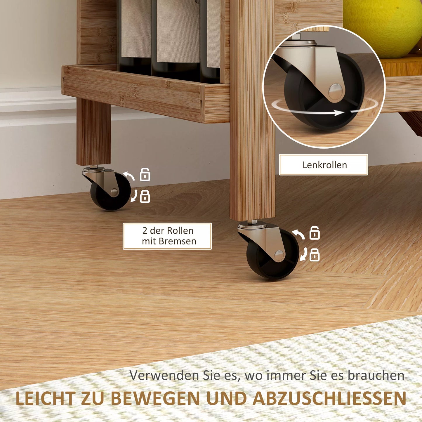 Virtuvės vežimėlis ant ratukų, serviravimo vežimėlis su 3 vyno lentynomis, 2 padėklai, virtuvei, valgomajam, bambuko mediena, šviesiai rudas