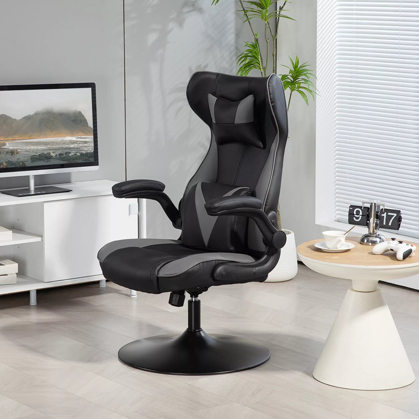 Žaidimų kėdė su supimosi funkcija, pasukama, reguliuojamo aukščio, paminkštinta sėdyne, metalas, 67 x 71 x 112 cm, pilka