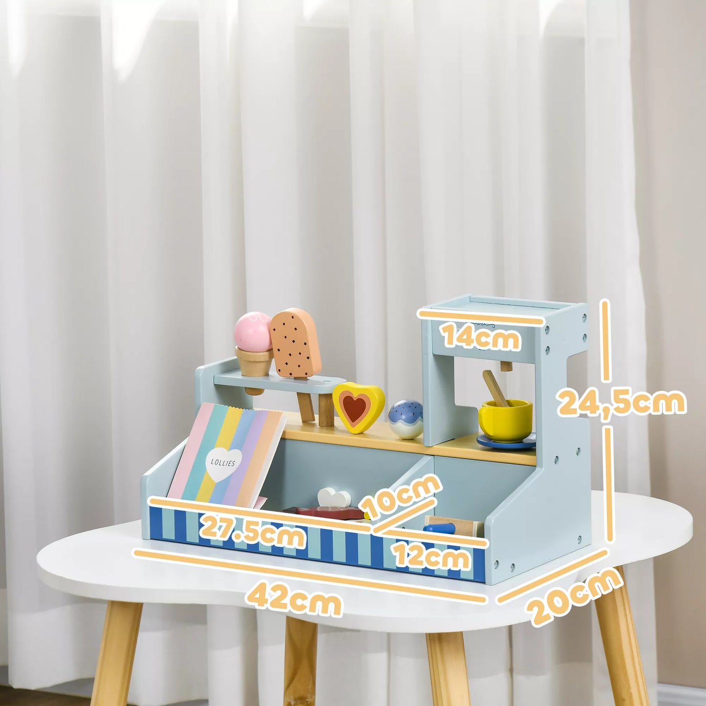 Žaidimų ledų namelis vaikams, ledų kioskeli, daug priedų, lavina vaizduotę ir motoriką, šviesiai mėlyna spalva