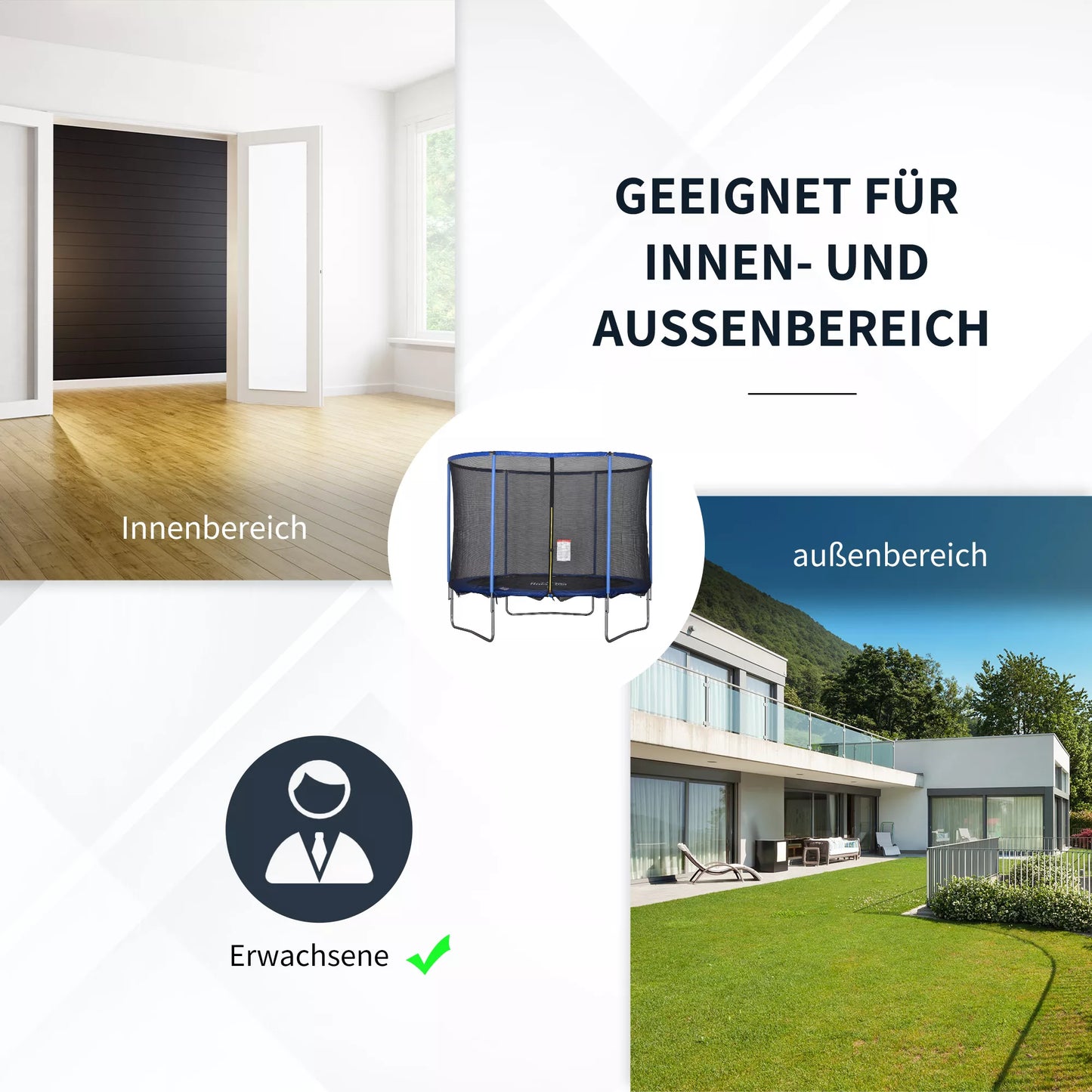 Trampolinas su apsauginiu tinklu, sodo batutas vidaus ir lauko naudojimui, fitneso batutas paaugliams ir suaugusiems. Plienas, mėlyna+juoda. Iki 113,6 kg. Ø305 x 248A cm