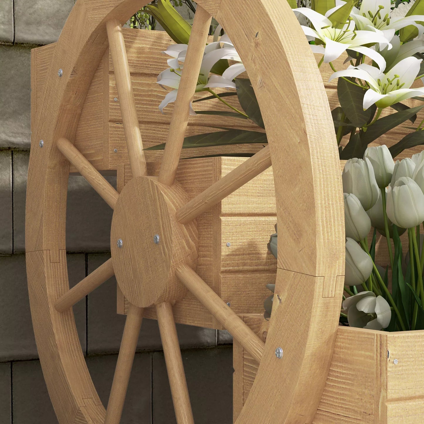 Pakelta lysvė, 3 aukštų su dekoratyviniais ratais, natūrali mediena, 62x61x57 cm, natūralaus medžio