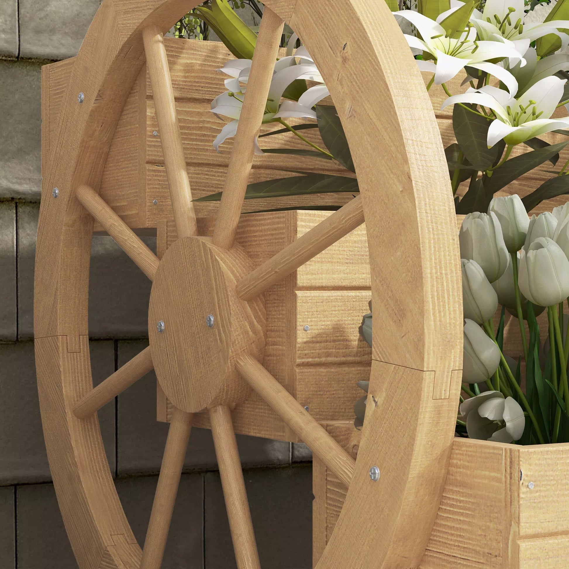 Pakelta lysvė, 3 aukštų su dekoratyviniais ratais, natūrali mediena, 62x61x57 cm, natūralaus medžio