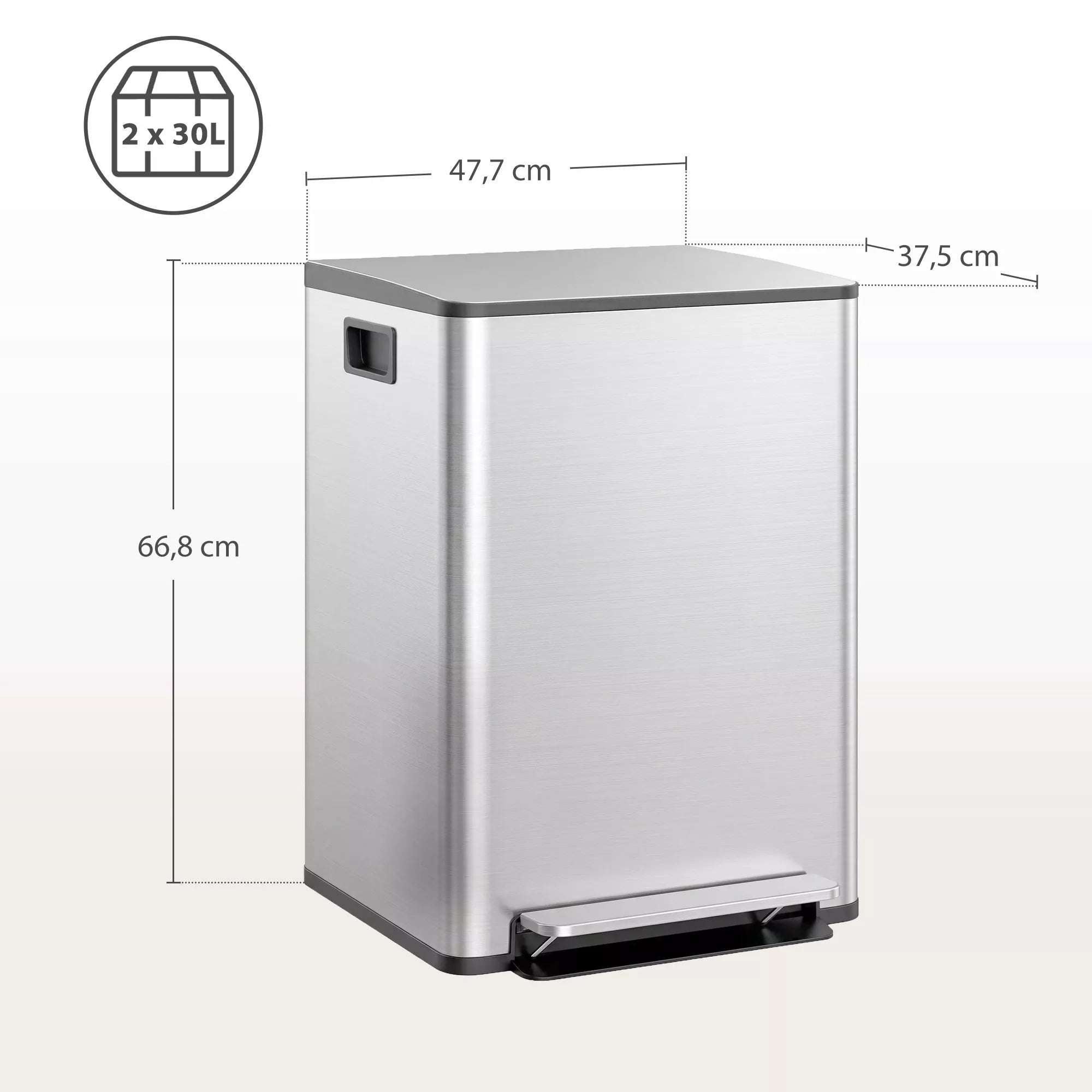 Šiukšliadėžė su 2x30 l skyrių, minkštu uždarymo dangčiu, apsaugota nuo pirštų atspaudų, nerūdijančio plieno, sidabrinė