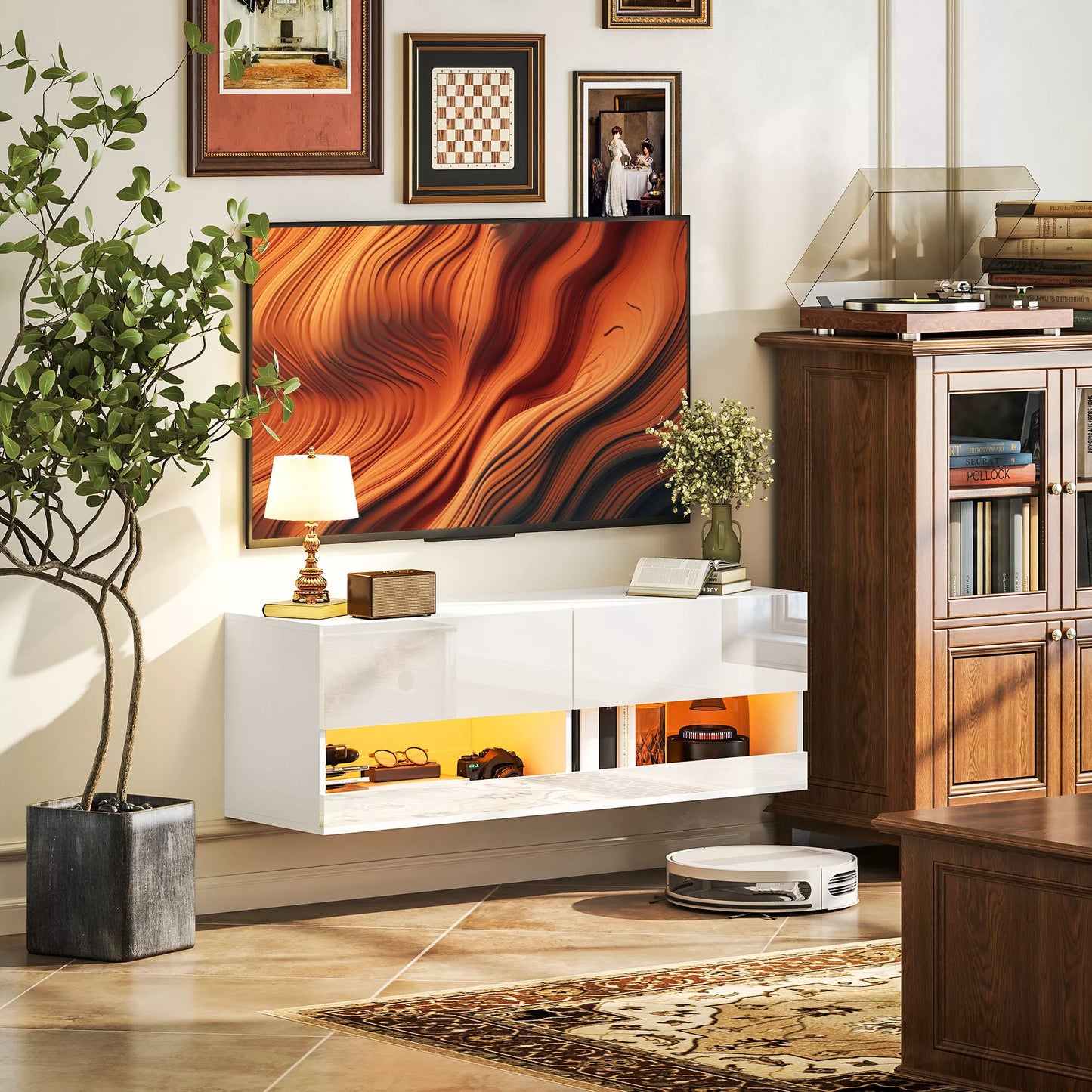 Sieninė TV spintelė su LED apšvietimu, 16 mirksėjimo režimų, atviros lentynos, 120 x 35 x 40,5 cm, balta